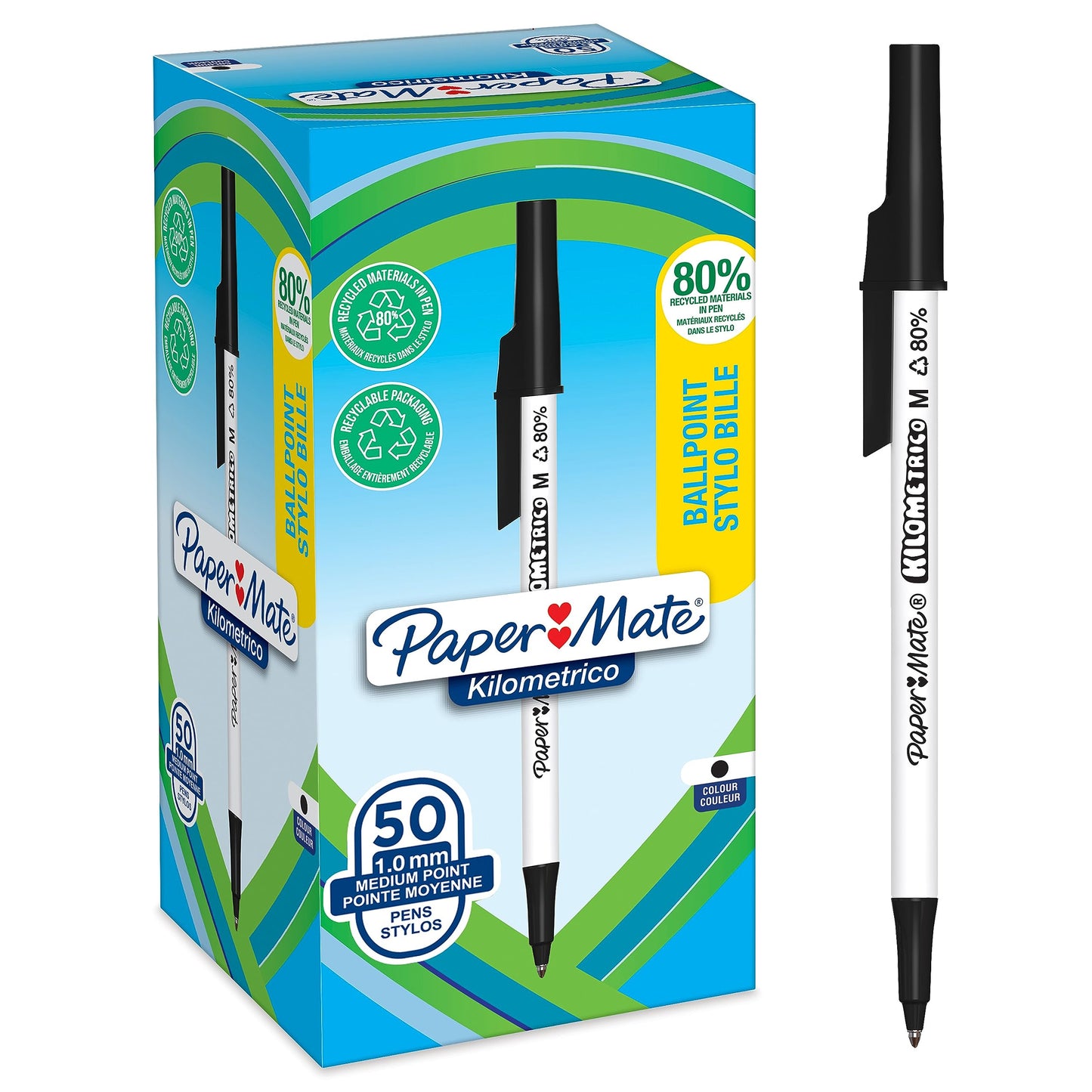 Paper Mate Kilometrico Ballpoint Pens | Long Writing with Medium Point (1.0mm) | Black Ink | 80%