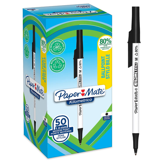 Paper Mate Kilometrico Ballpoint Pens | Long Writing with Medium Point (1.0mm) | Black Ink | 80%