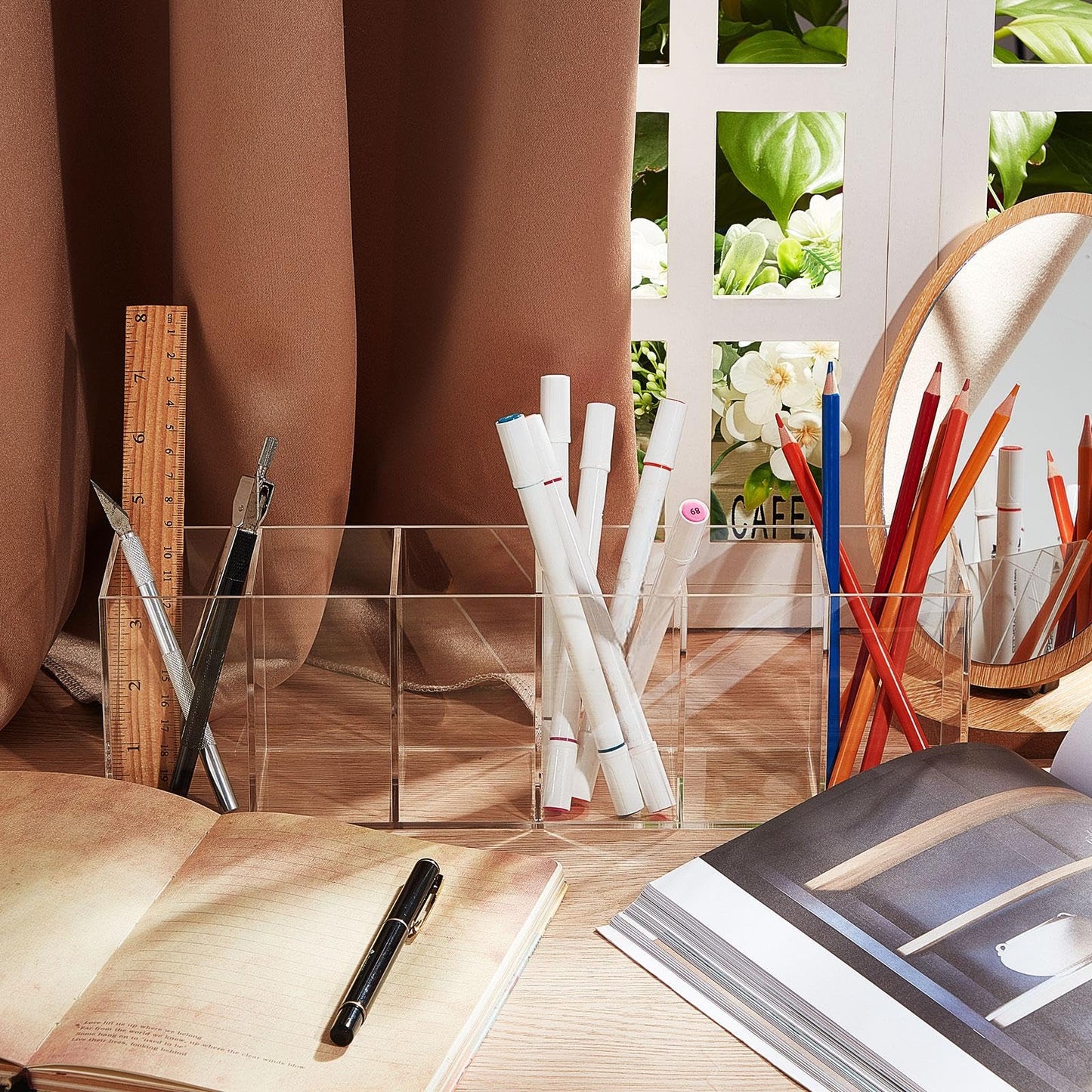 Jetec 6 Compartments Acrylic Pen Holder, Pencil Makeup Brush Holder(Clear)