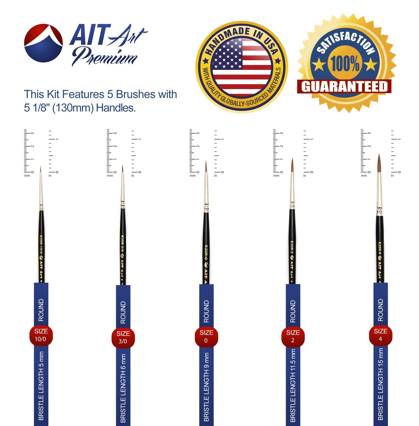 AIT Art Premium Detail Brush Set, 5 Pure Kolinsky Russian Red Sable Paint Brushes, Handmade in USA