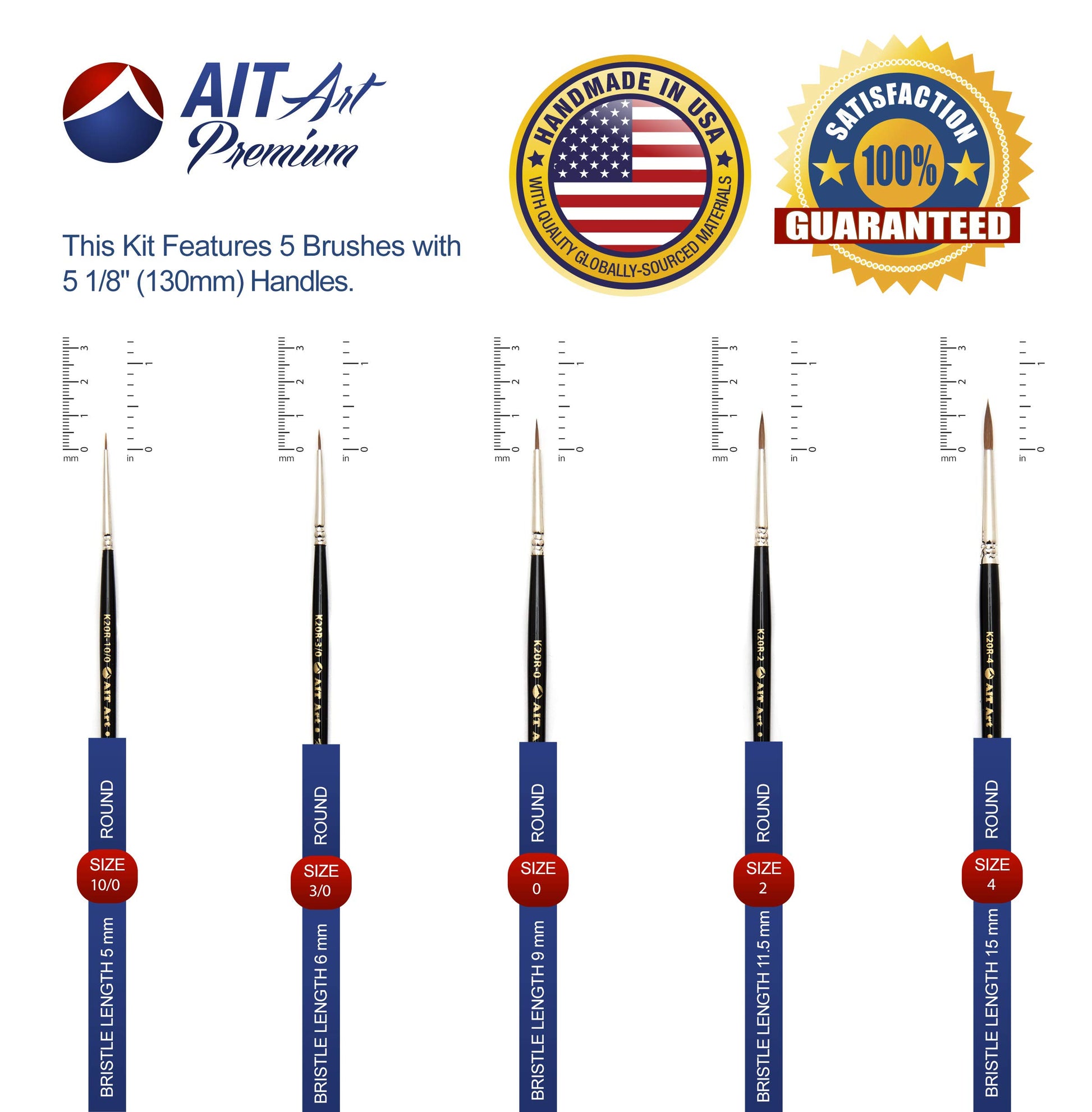 AIT Art Premium Detail Brush Set, 5 Pure Kolinsky Russian Red Sable Paint Brushes, Handmade in USA