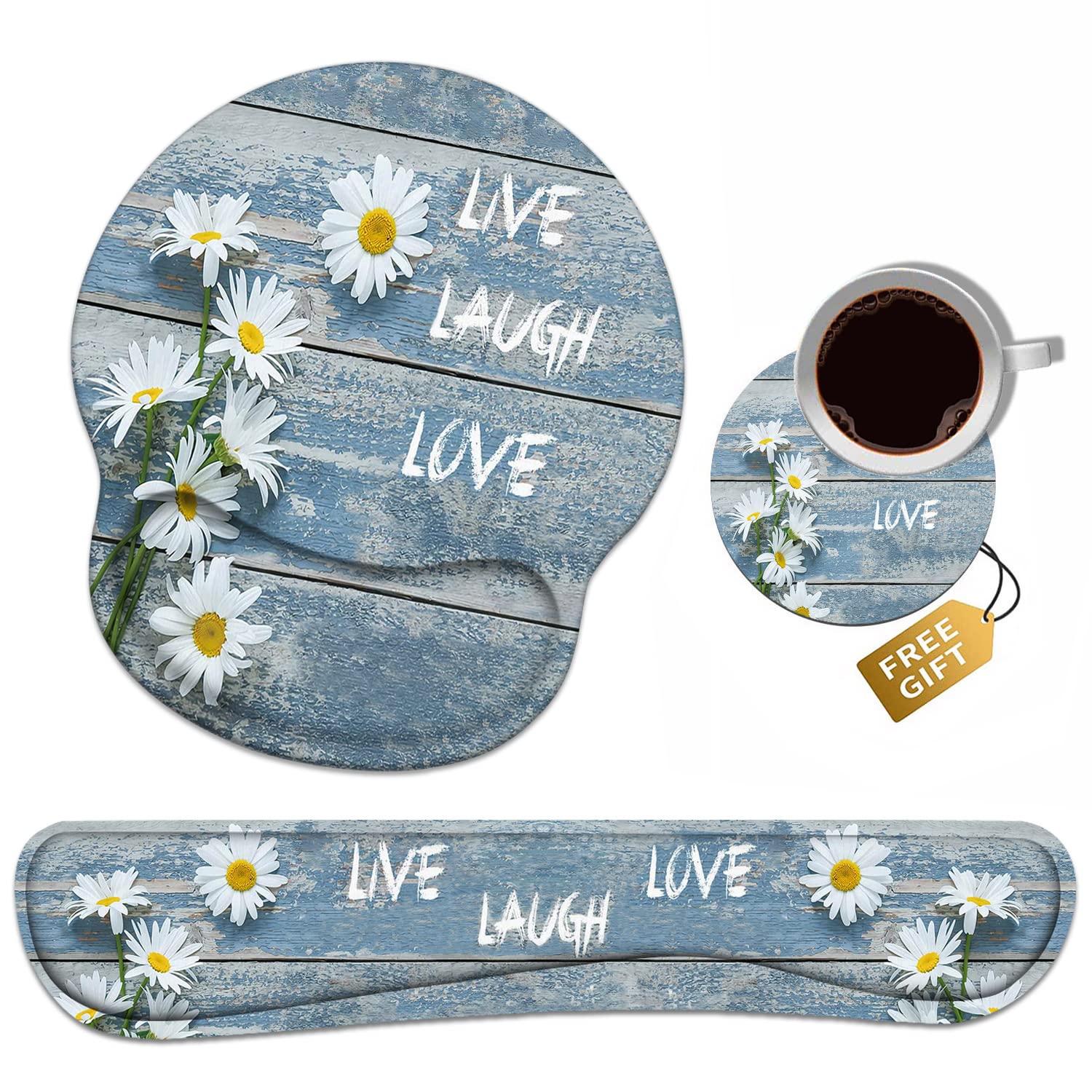 Keyboard Wrist Rest + Mouse Pad Wrist Support Set with Coasters, Dreamy Daisy Vintage Wood Board