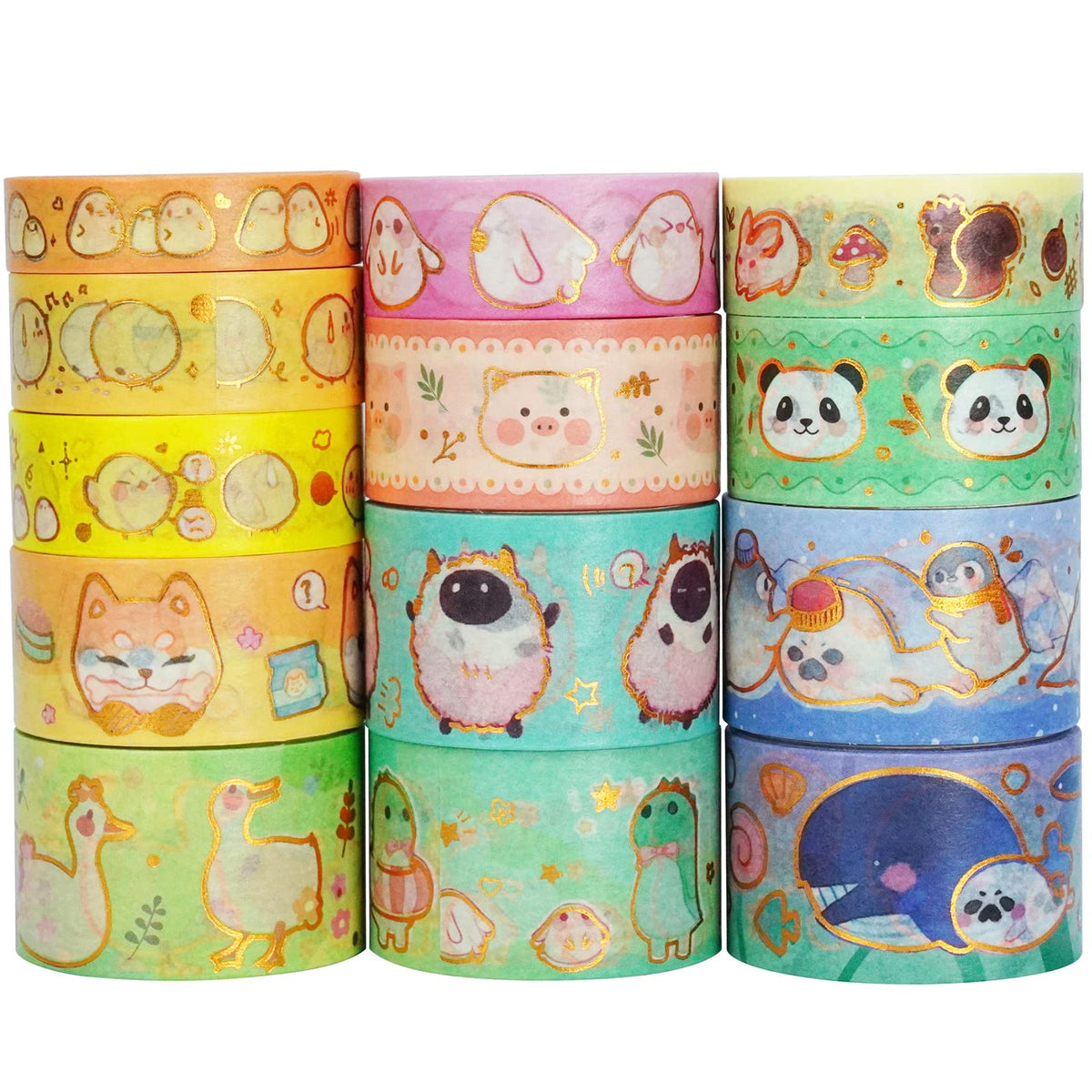 YUBX Cute Pets Washi Tape Set 13 Rolls Wide Gold Embellishment Decorative Masking Tapes for Arts