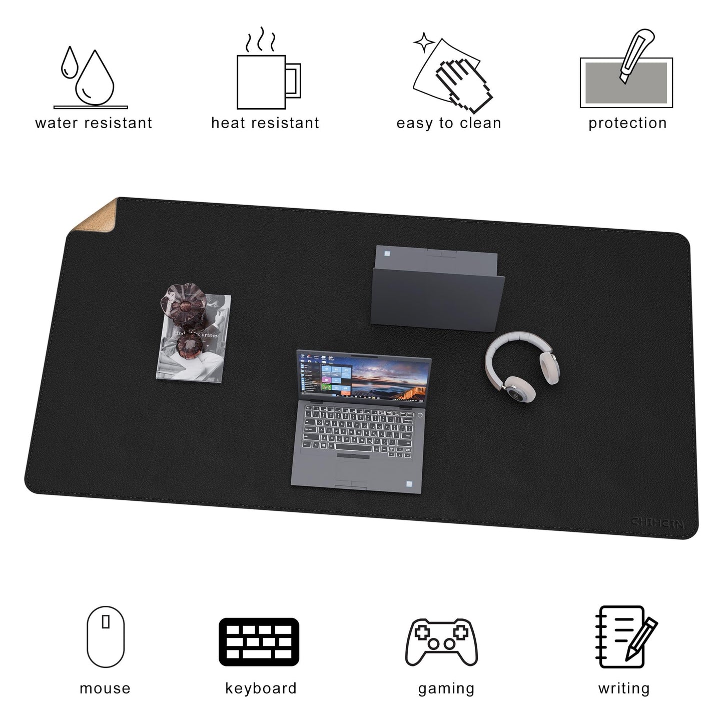 Chihein Cork & PU Leather Desk Mat 55” x 28” Black