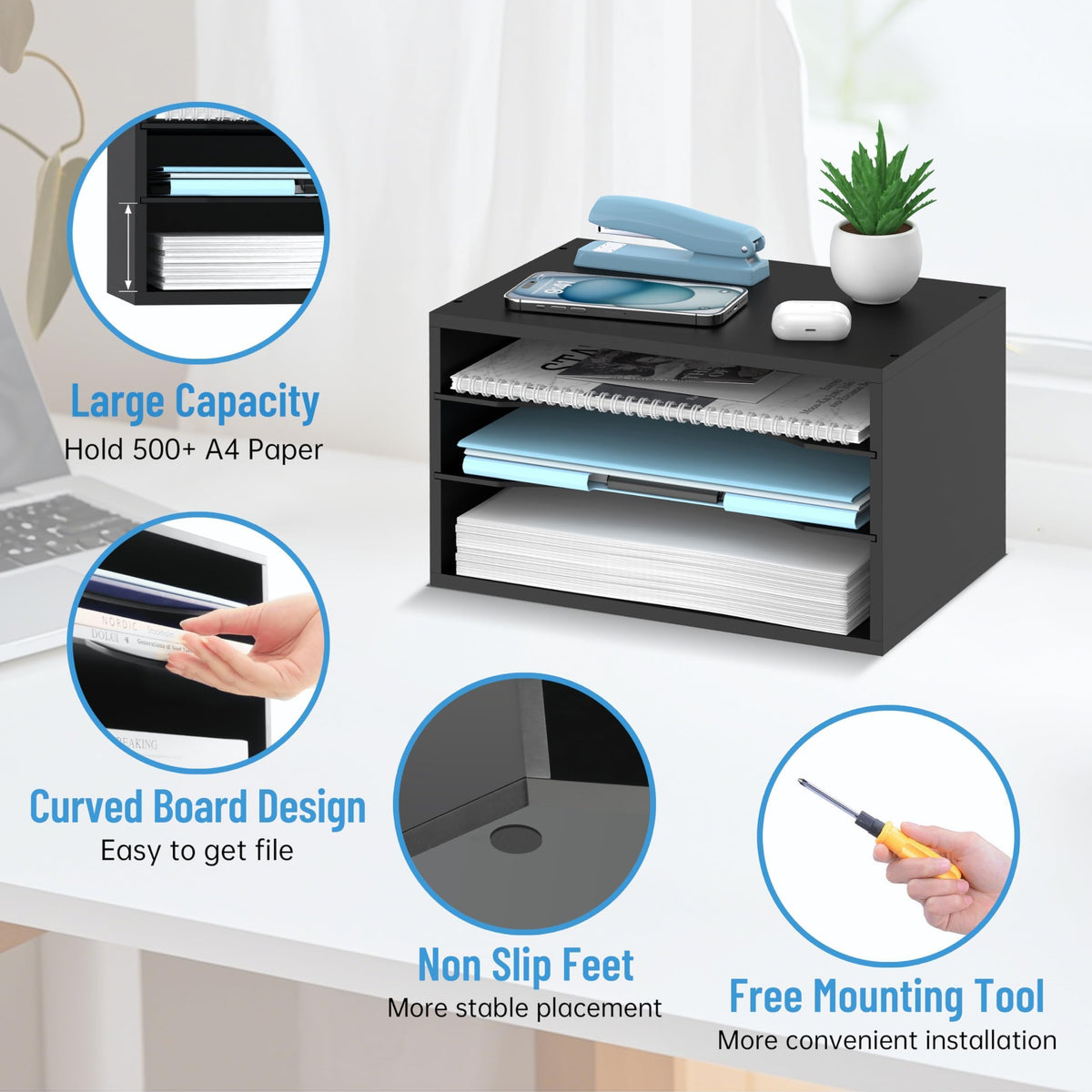 3-Tier Paper Organizer for Desk, Adjustable Mail Organizer, Black