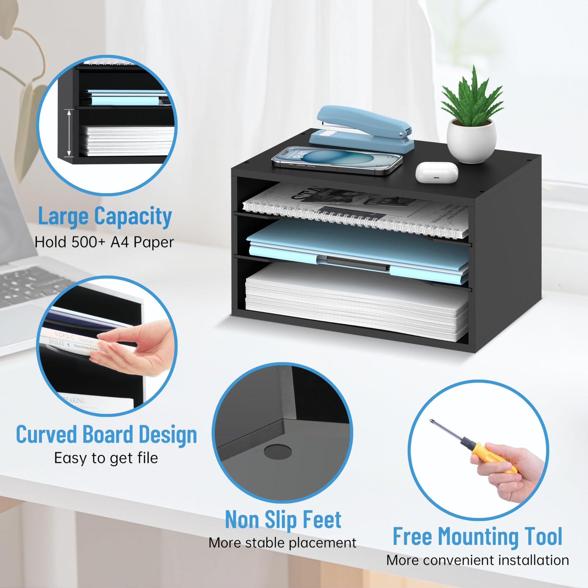 3-Tier Paper Organizer for Desk, Adjustable Mail Organizer, Black
