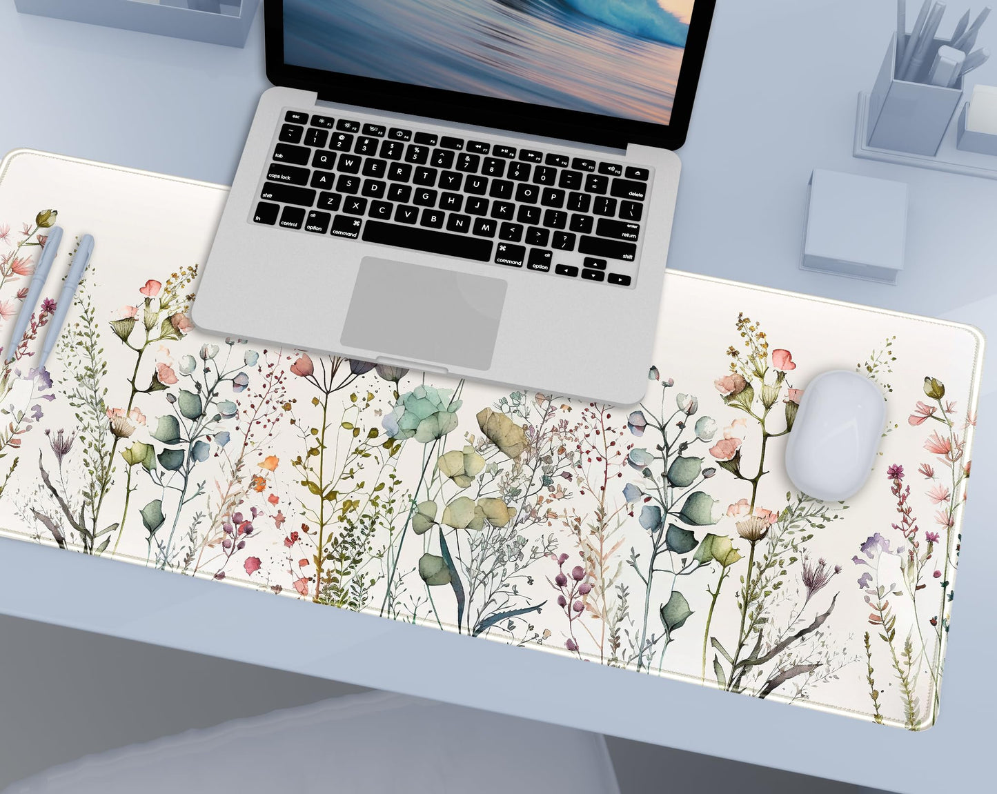 Cute Wild Flower Desk Mat, Boho Aesthetic XL Large Extended Gaming Mouse Pad Desk Pad with Stitched