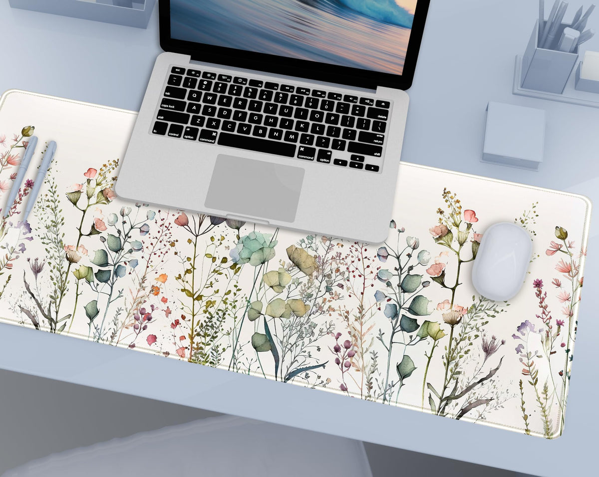 Cute Wild Flower Desk Mat, Boho Aesthetic XL Large Extended Gaming Mouse Pad Desk Pad with Stitched