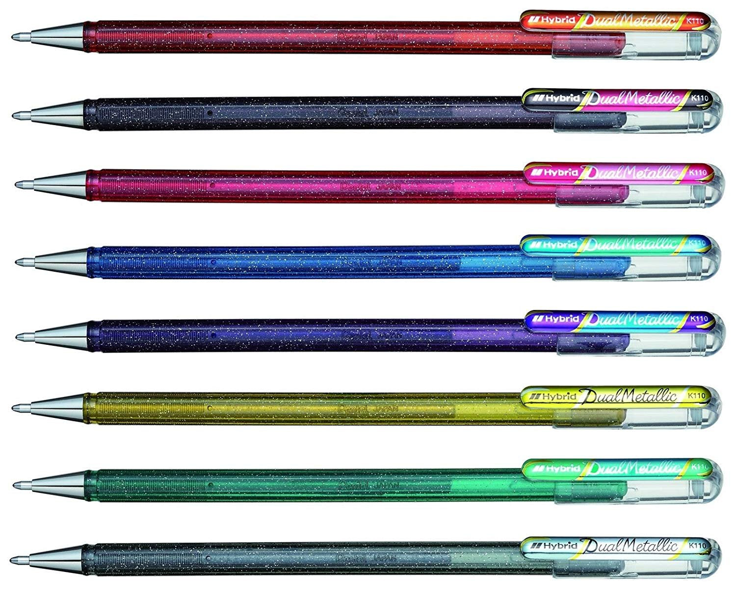 Pentel Hybrid Dual Metallic Liquid Gel Roller Pen YK110/8-M - Pack of 8 Pens in 16 Shimmering