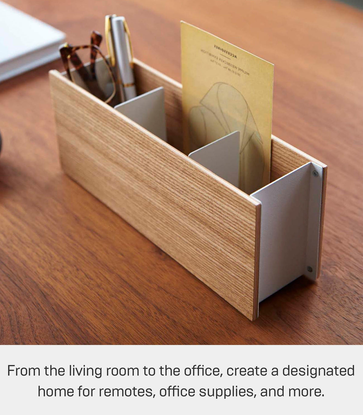 YAMAZAKI Home Rin Desk Organizer - Tv Remote Control And Pen Holder - Small - Steel + Wood