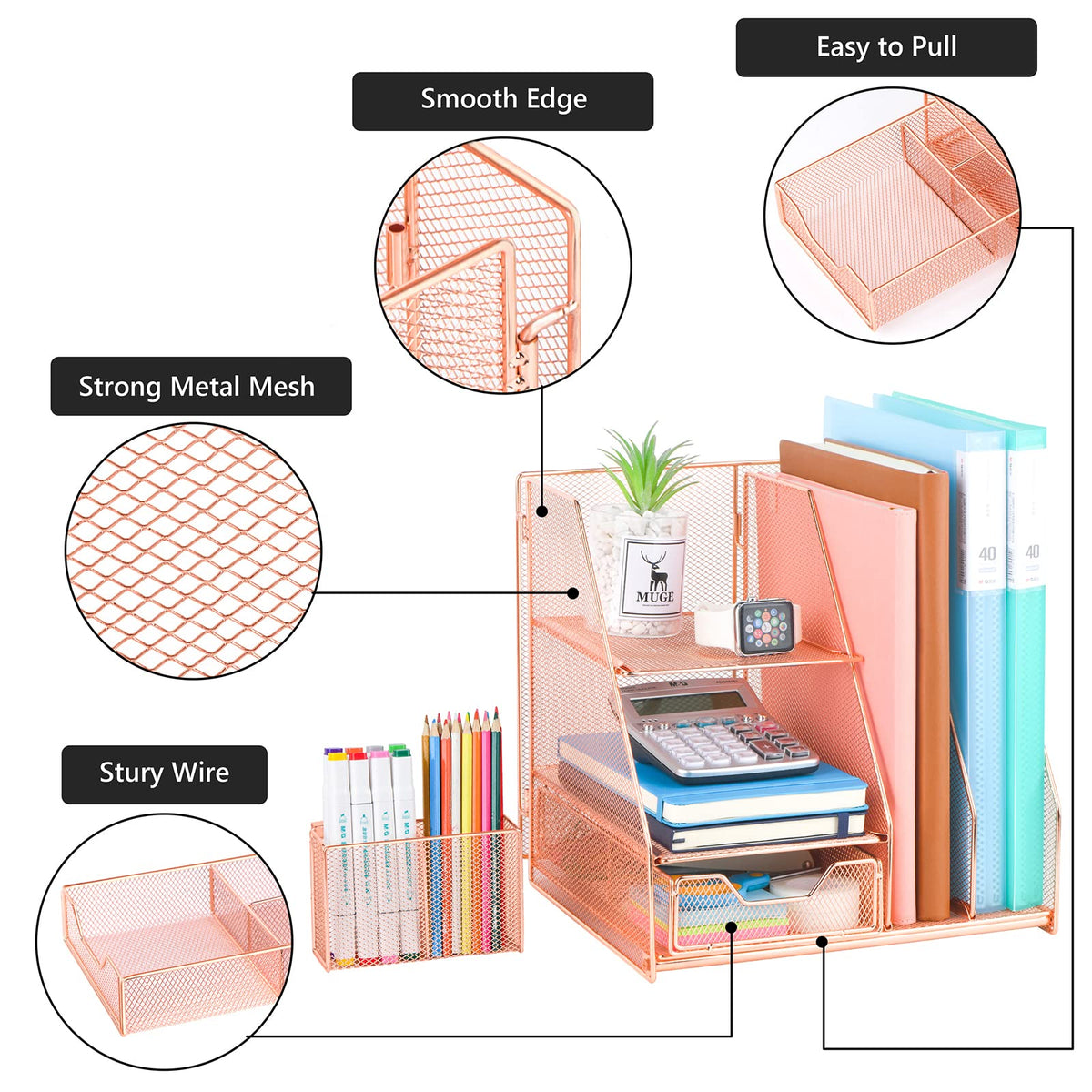Topwey Rose Gold Desk Accessories, Office Supplies Desk Organizer Caddy with Sliding Drawer, Double