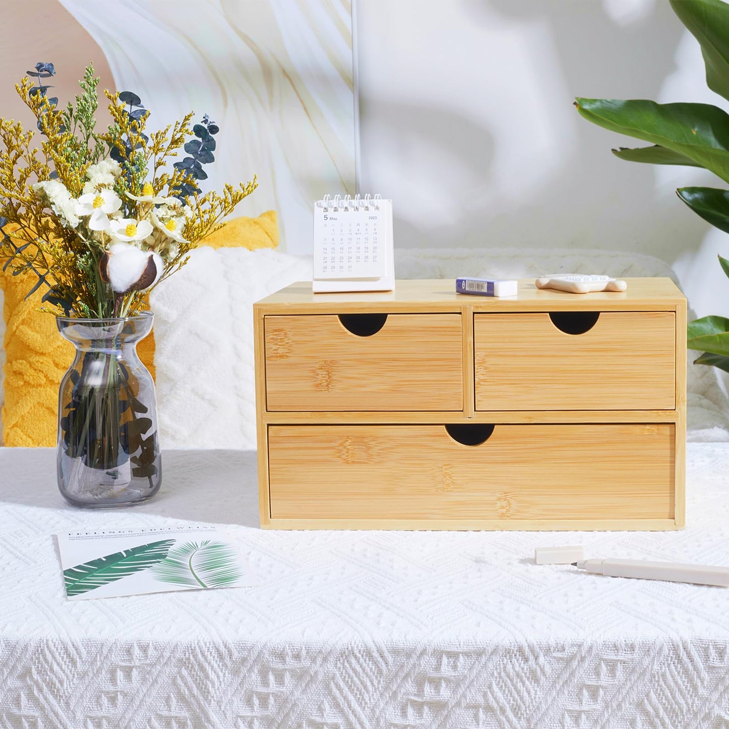Charmewooden Bamboo Desk Organizer with 3 Drawers, Countertop Organizer with Drawers Makeup Storage