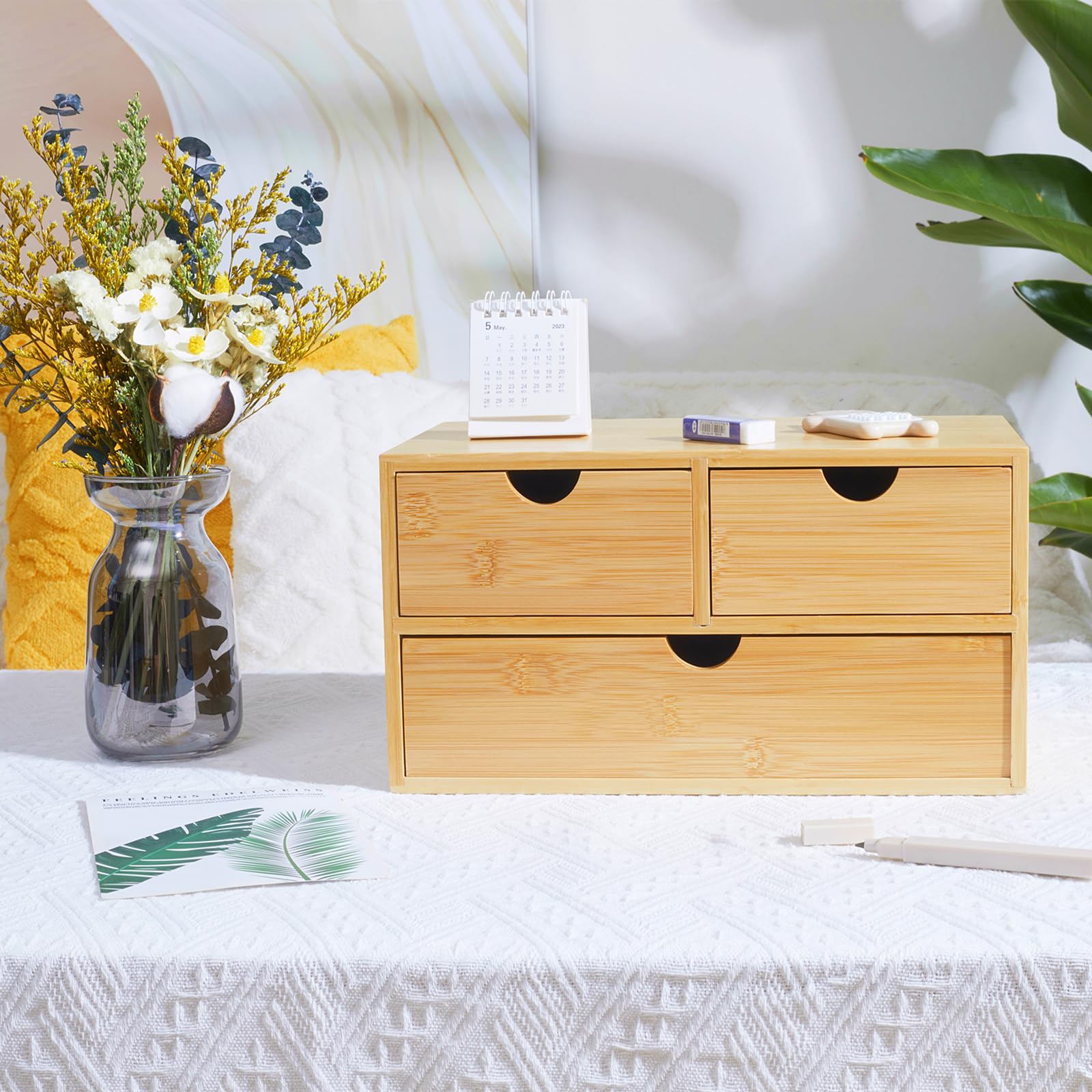 Charmewooden Bamboo Desk Organizer with 3 Drawers, Countertop Organizer with Drawers Makeup Storage