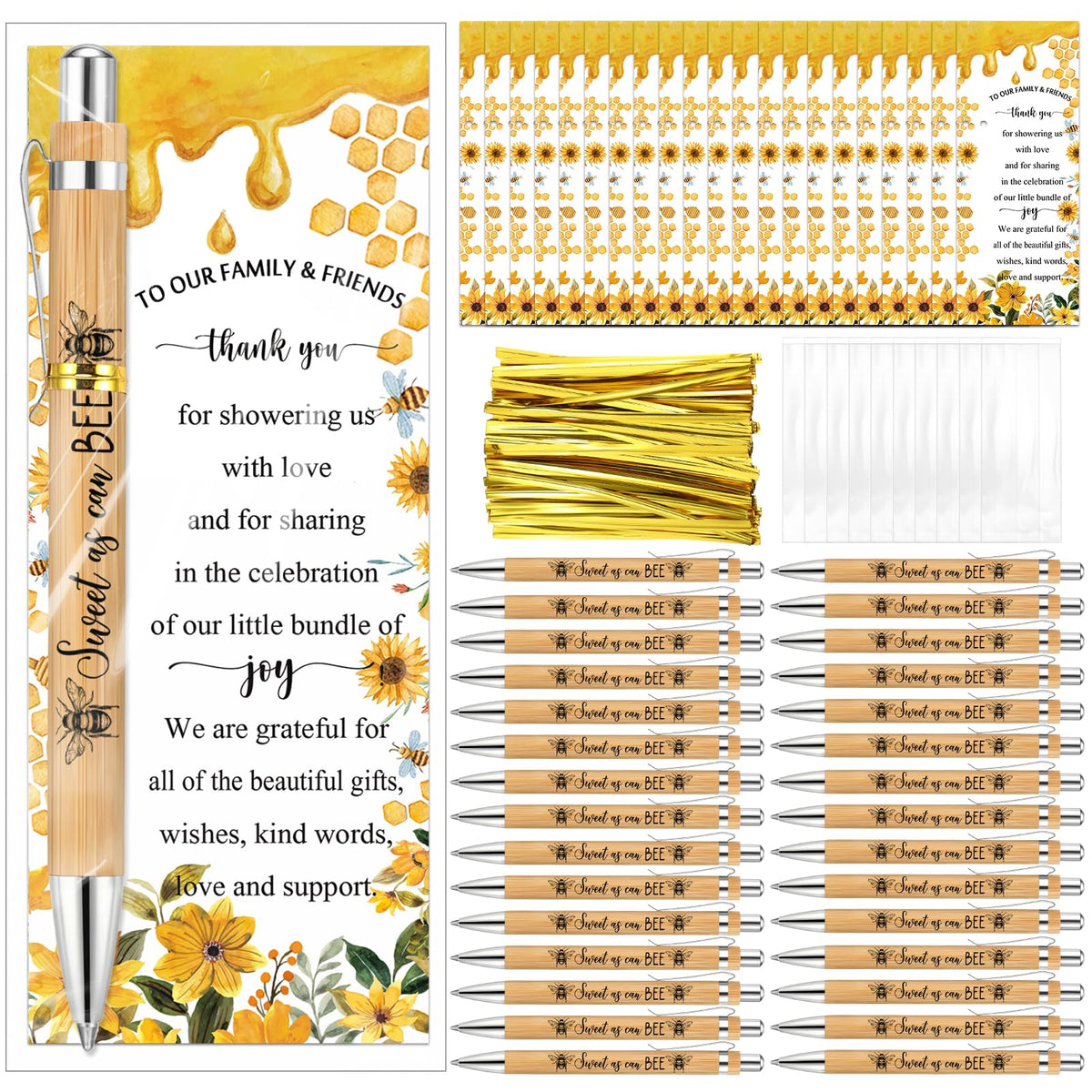 Spakon 36 Sets Bee Baby Shower Favors Bamboo Pens with Thank You Bookmarks