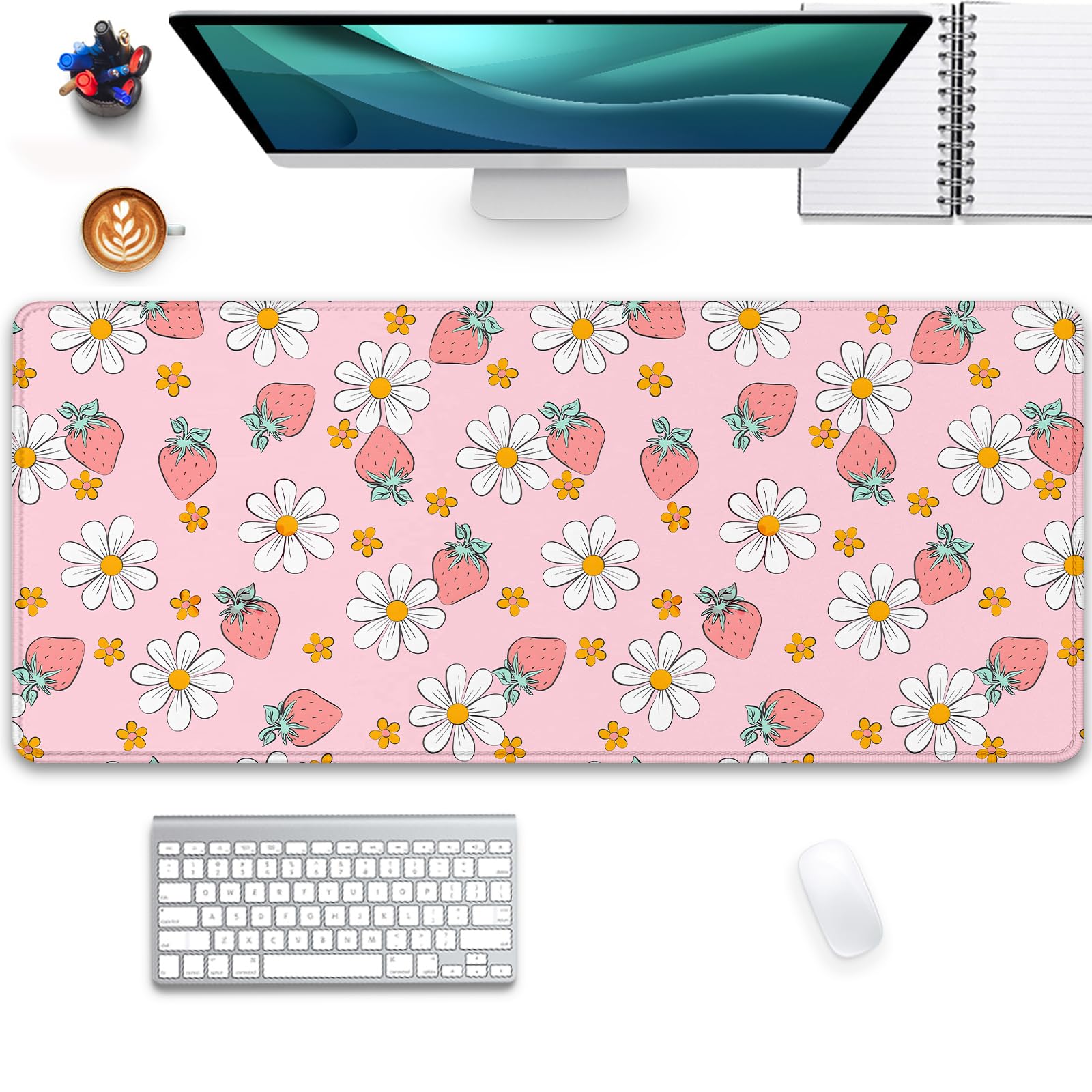 Strawberry Mouse Pad Desk Mat,Pink Large Large Gaming Mouse Mat with Stitched Edges,Non-Slip