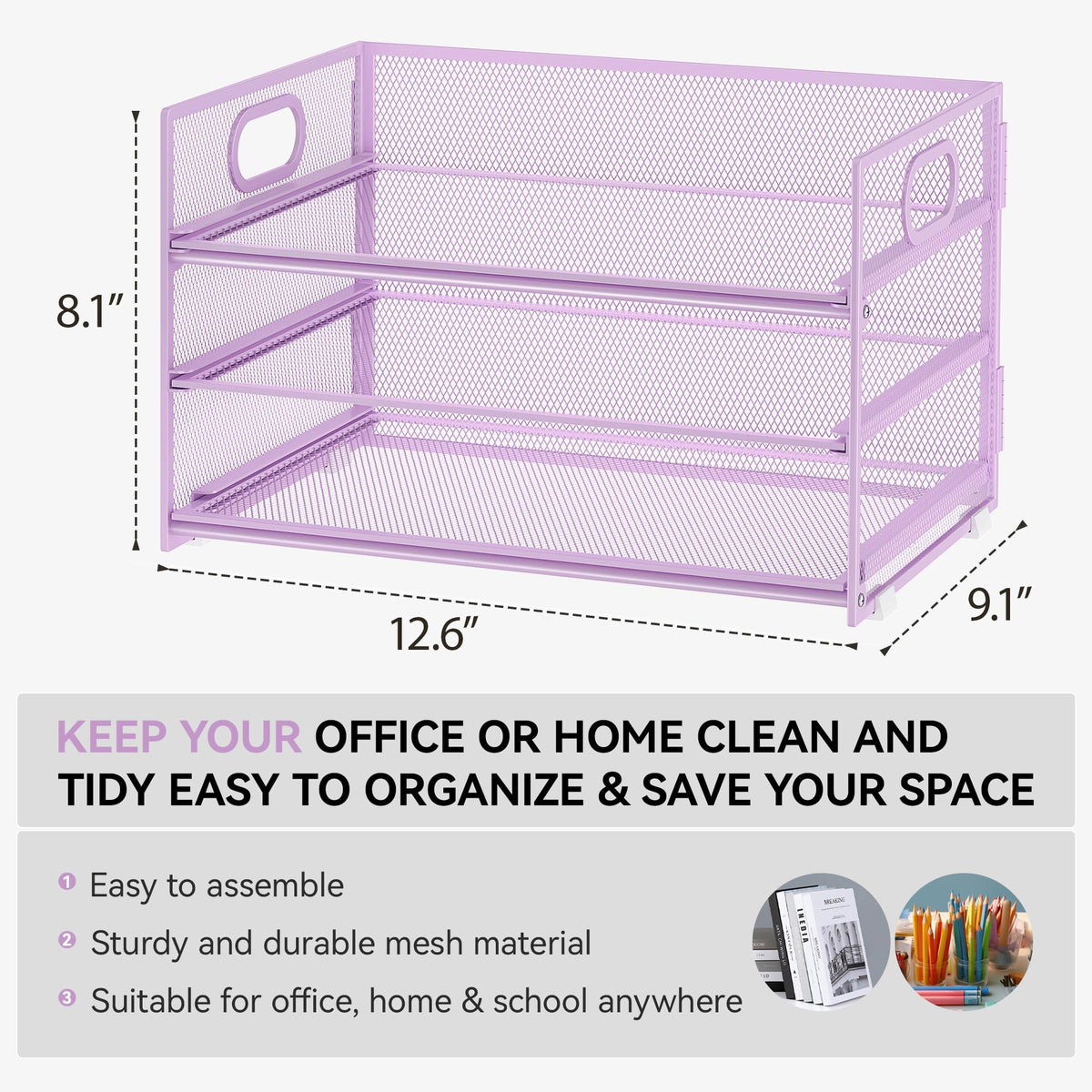 Subekyu 3 Tier Letter Tray Paper Organizer with Handle and 1 PC Sliding Tray, Purple Metal Mesh