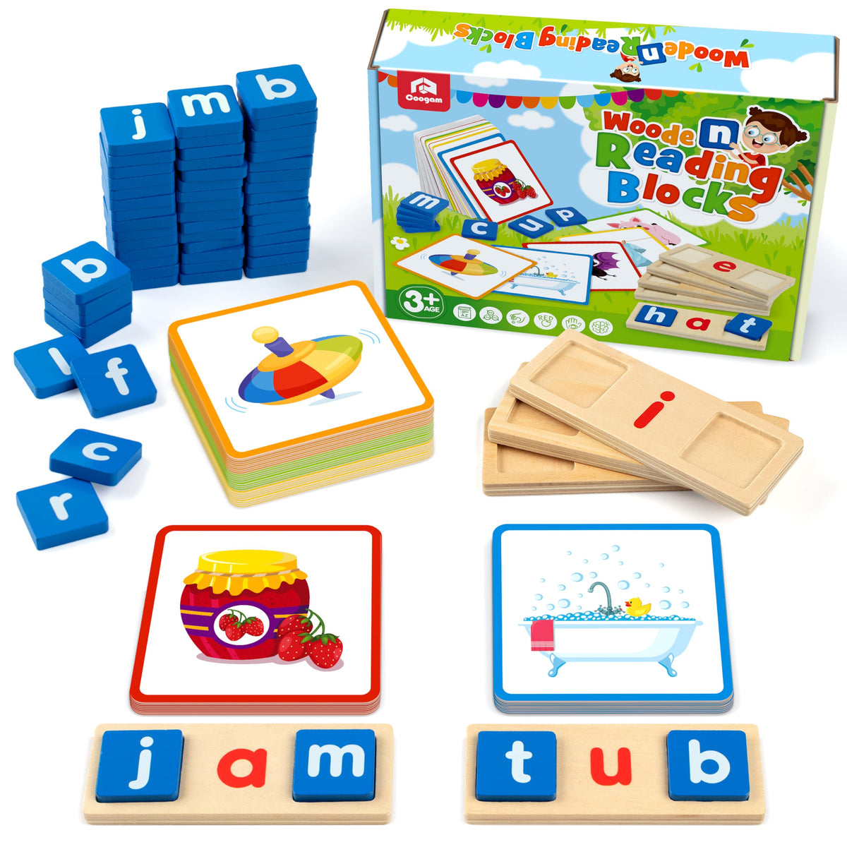 Coogam Wooden Short Vowel Reading Letters Sorting Spelling Games, Site CVC Words Learning