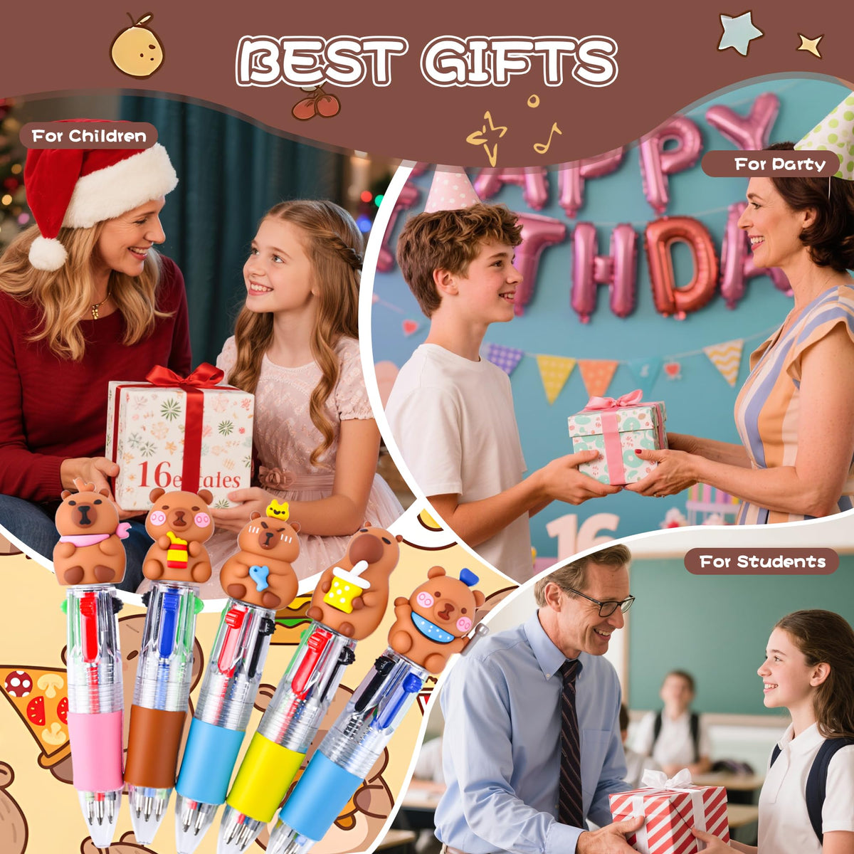 LiYiQ 50 Pcs Capybara Party Favor Multicolor Pen in One Cartoon Cute Fun 4-in-1 Cute Pens Bulk