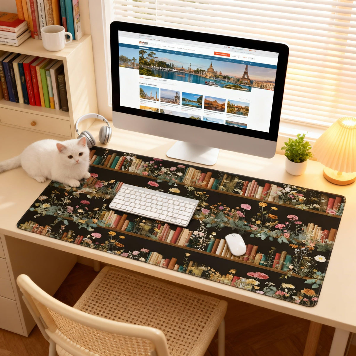 Dark Academia Floral with Books & Bookshelf XXL Desk Pad - Extra Large Anti-Slip Mouse Pad with