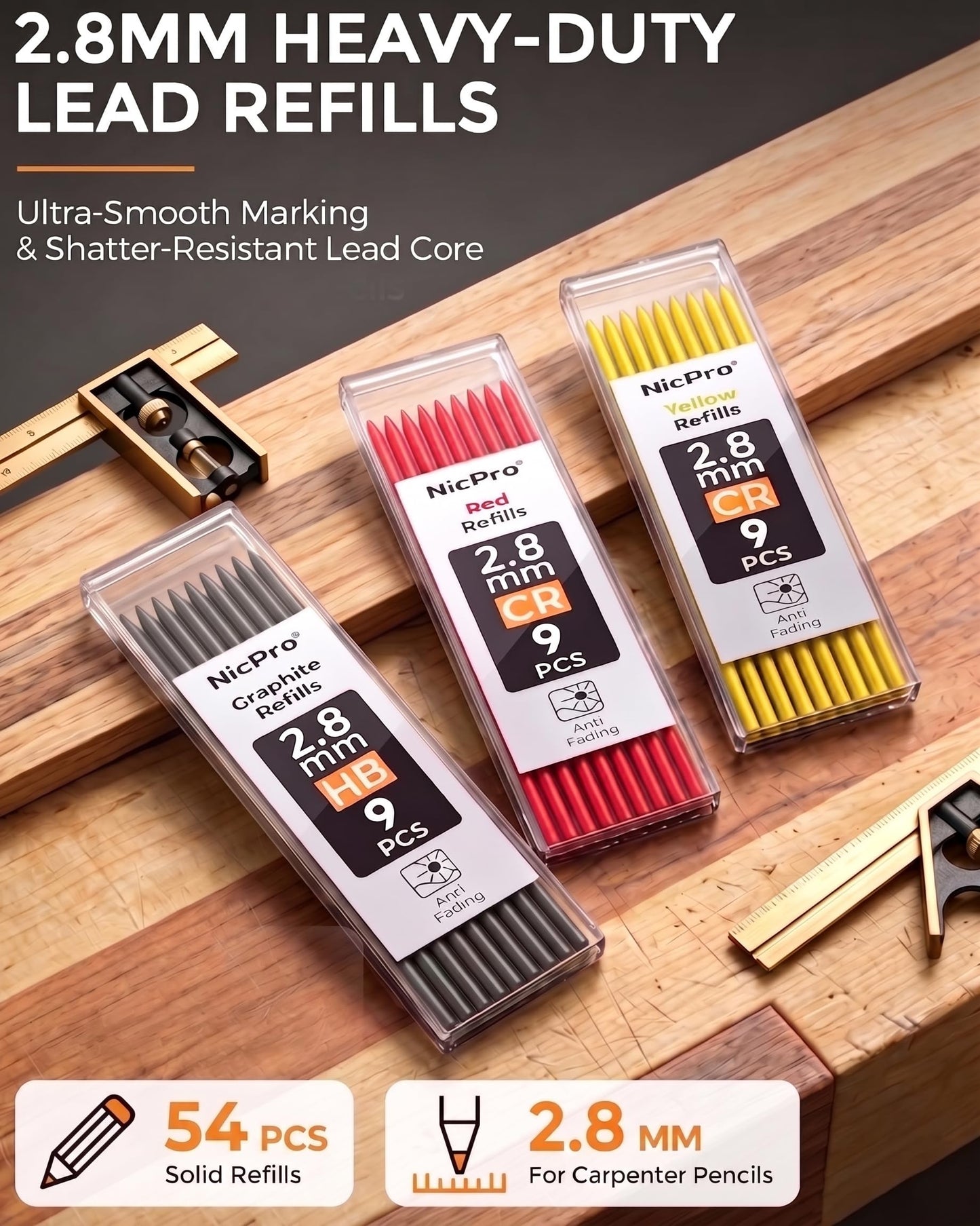 Nicpro Carpenter Pencils with Sharpener & Sleeve, 3Pack Construction Pencil