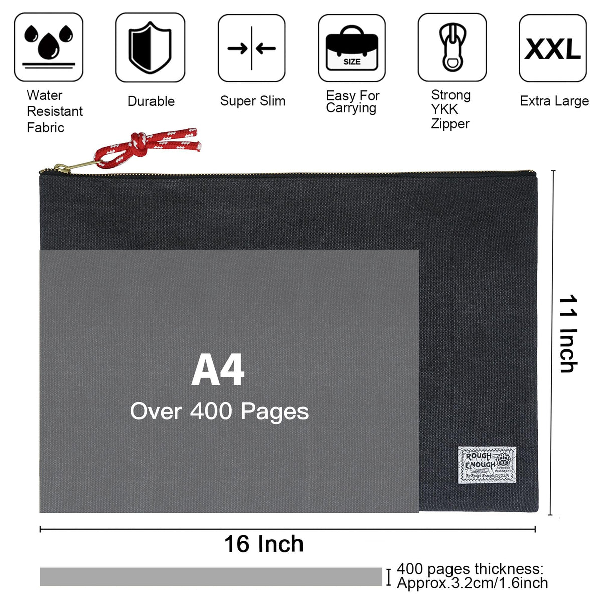 Rough Enough Important Document Storage, File Folder Organizer Pouch Black