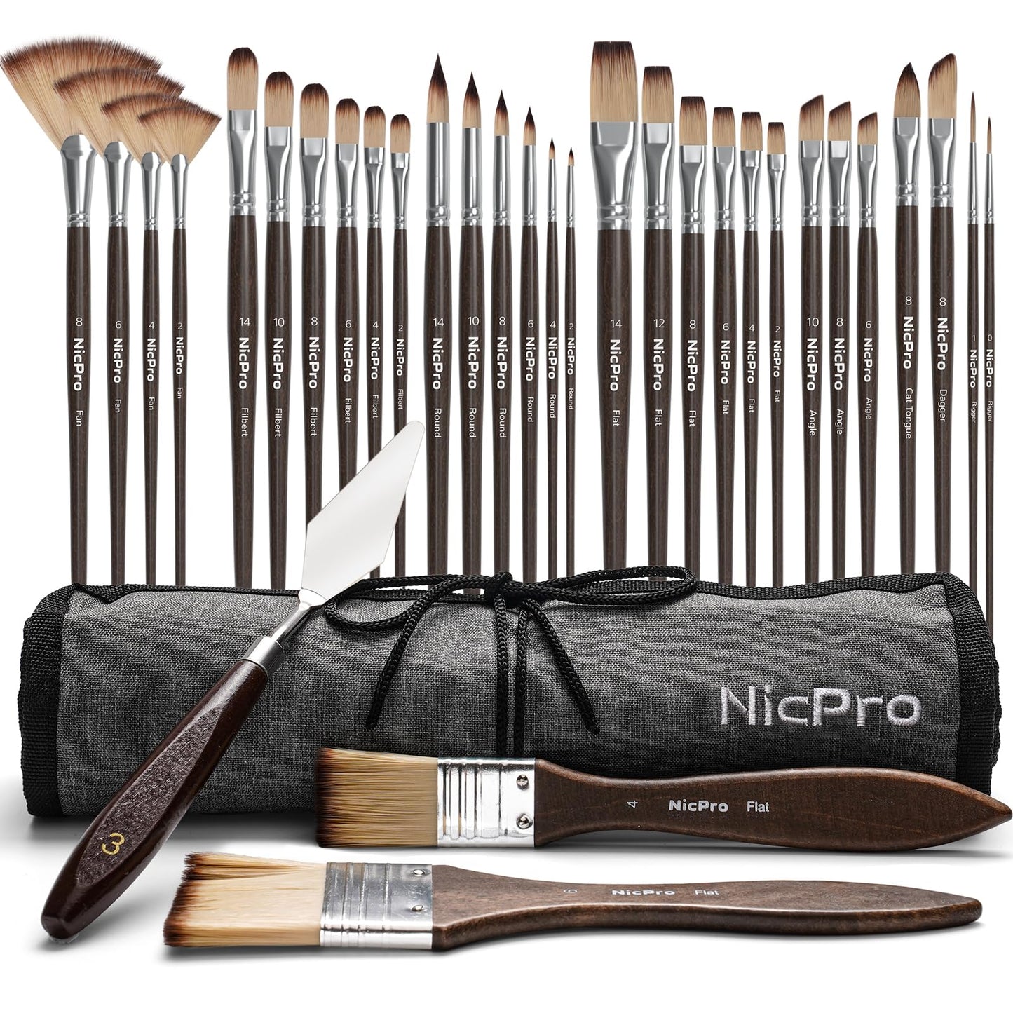 Nicpro 32pcs Paint Brush Set, Professional Paintbrushes with Paint Spatula and Cloth Roll Case