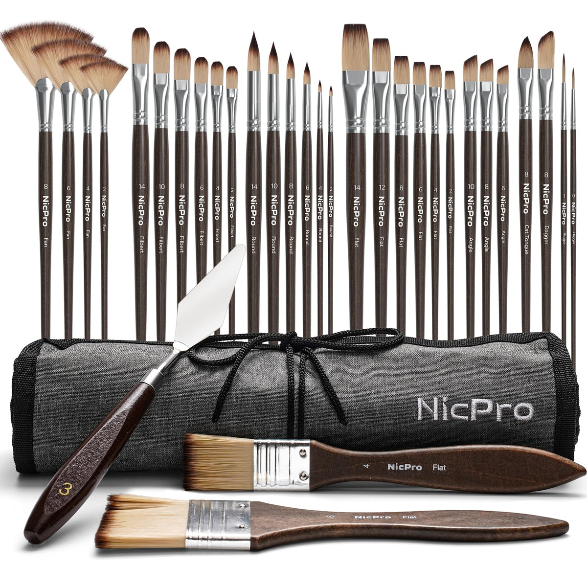 Nicpro 32pcs Paint Brush Set, Professional Paintbrushes with Paint Spatula and Cloth Roll Case