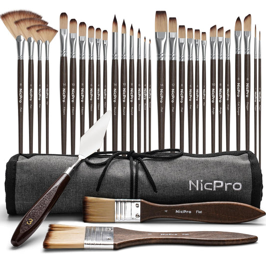 Nicpro 32pcs Paint Brush Set, Professional Paintbrushes with Paint Spatula and Cloth Roll Case