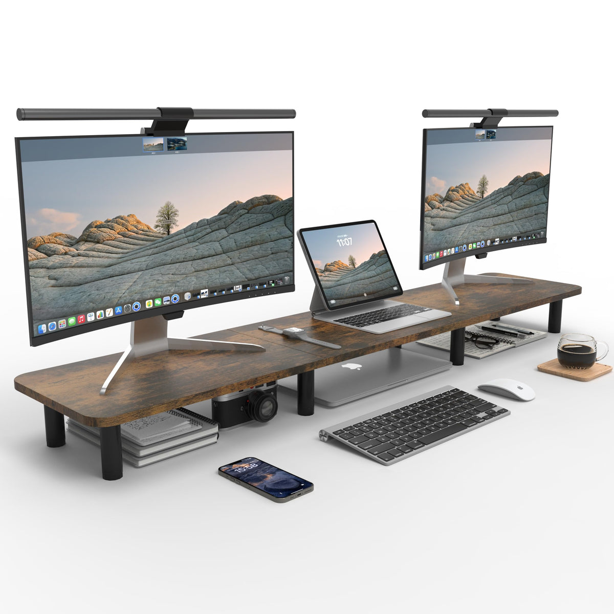 WEGASTU Dual Monitor Stand - 43.7 inch Extra Long Wide TV Stand - Wood & Steel Leg Desktop Riser