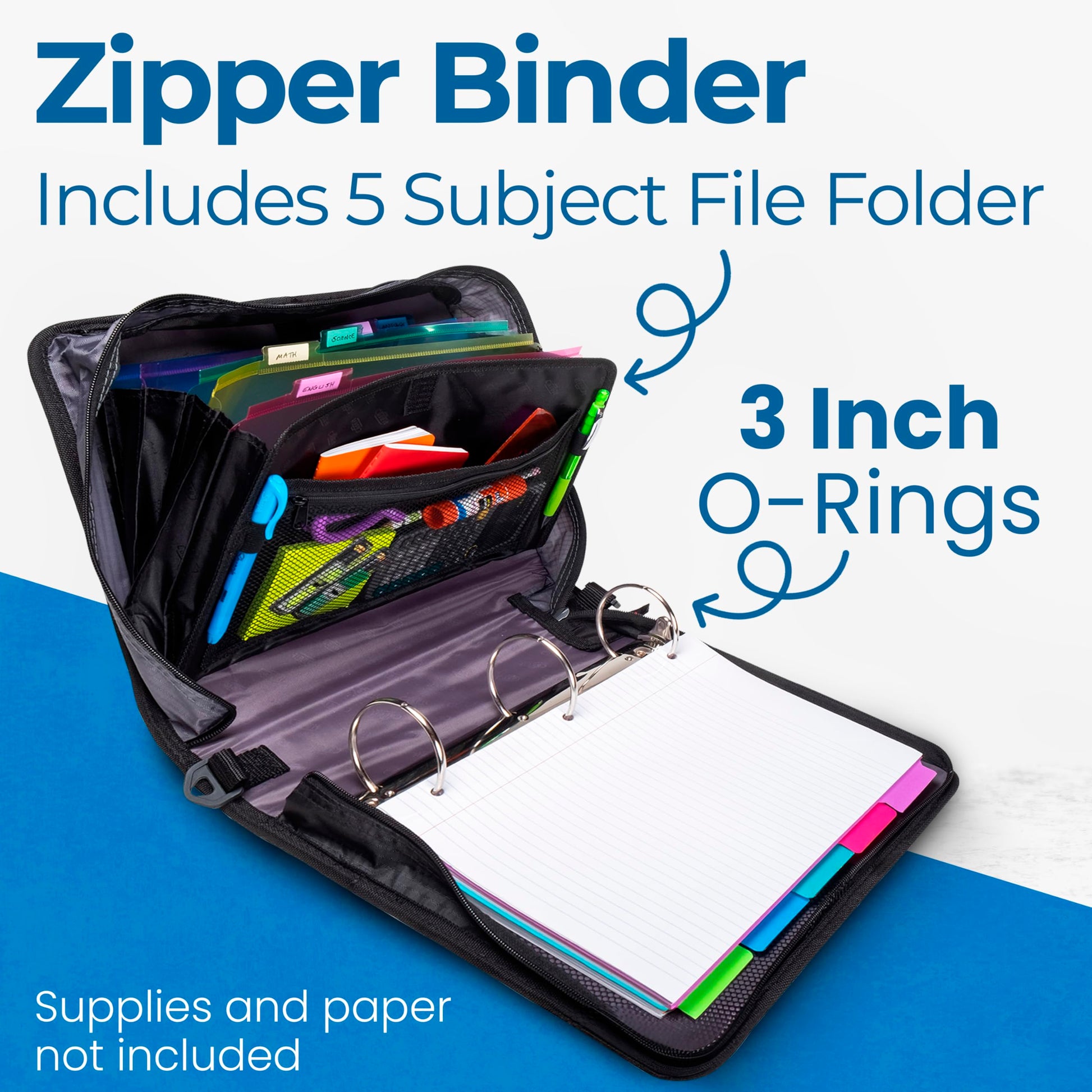 Case-it School Zipper Binder | 3" O-Rings | 600-Sheet | D-156-N Jet Black