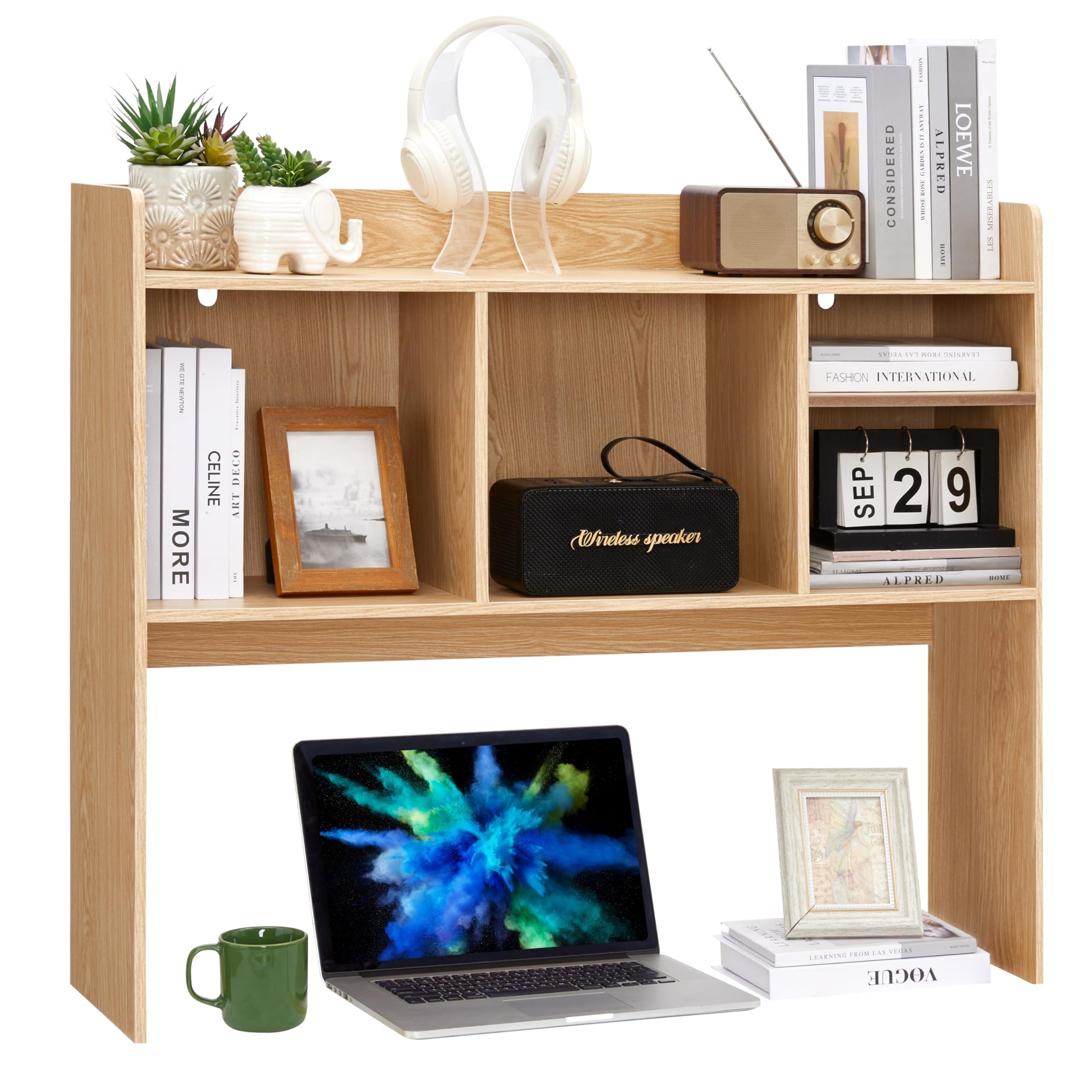 Nromant Desktop Bookshelf, Wooden Desk Storage Hutch with 6 Shelves for Computer Desk, 3-Tier
