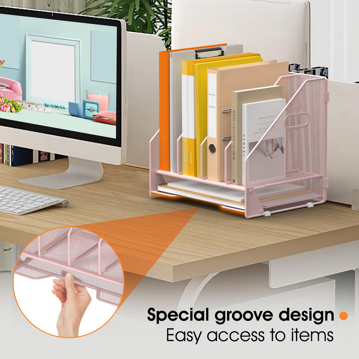OrgMate 4 Vertical Mesh Desk Organizer with Paper Letter Tray, Pink