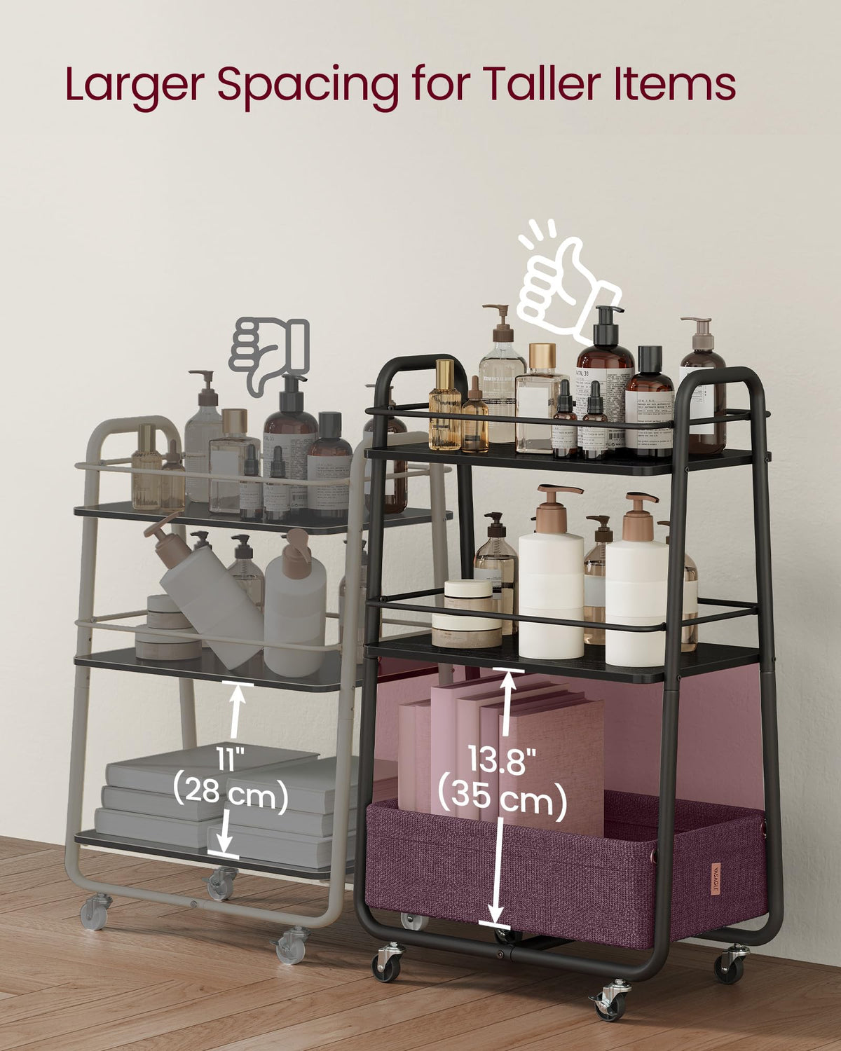 VASAGLE Storage Cart with Fabric Basket, 3-Tier Rolling Utility Cart