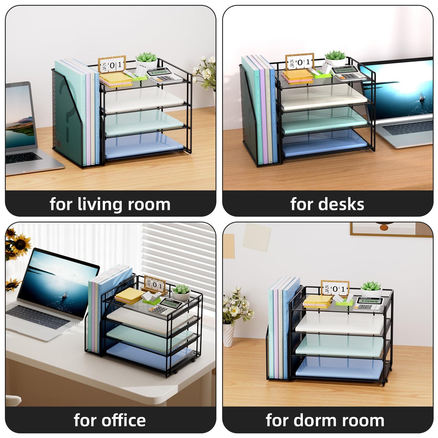 Marbrasse 4-Tier Paper Tray Organizer with File Holder, Black