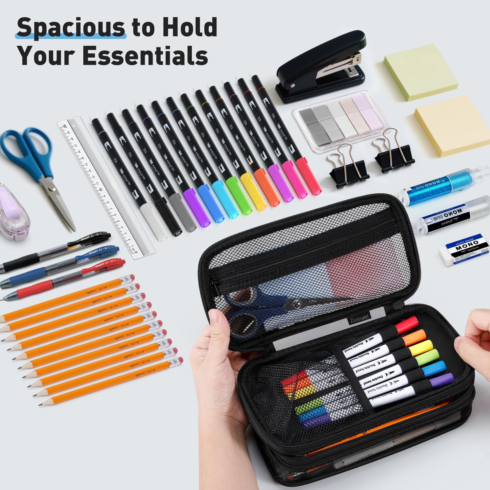 Zannaki Mesh Large Pencil Case,Expandable Pencil Bag with Large Compartments,Big Capacity Pencil