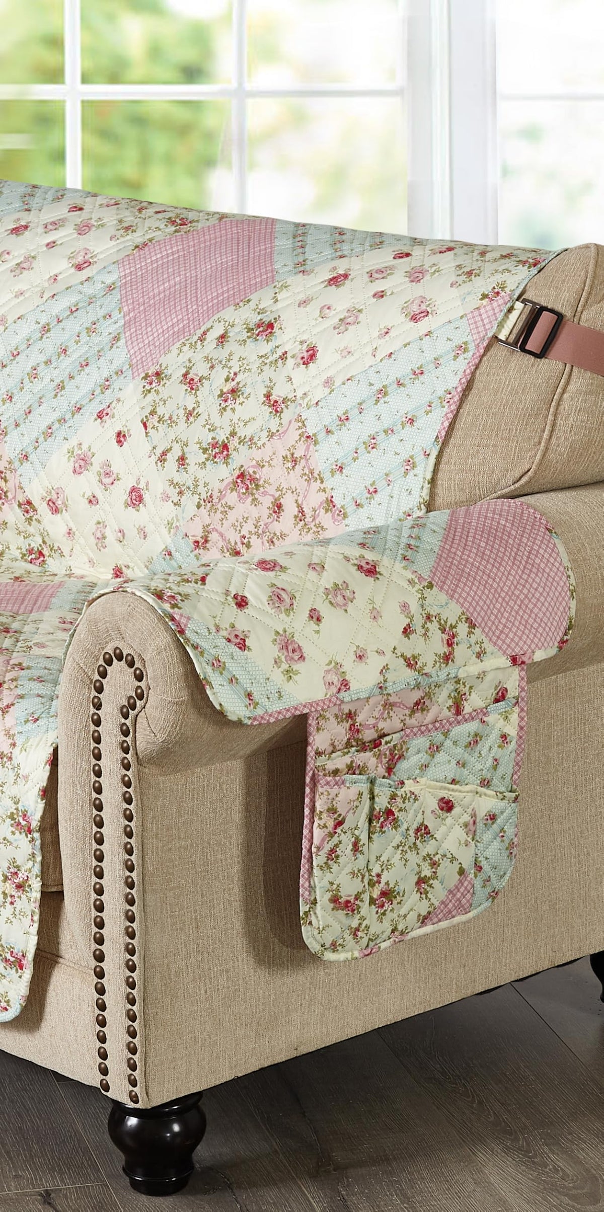 Brilliant Sunshine Pink & Green Roses Couch Armrest Cover, 35"×13"