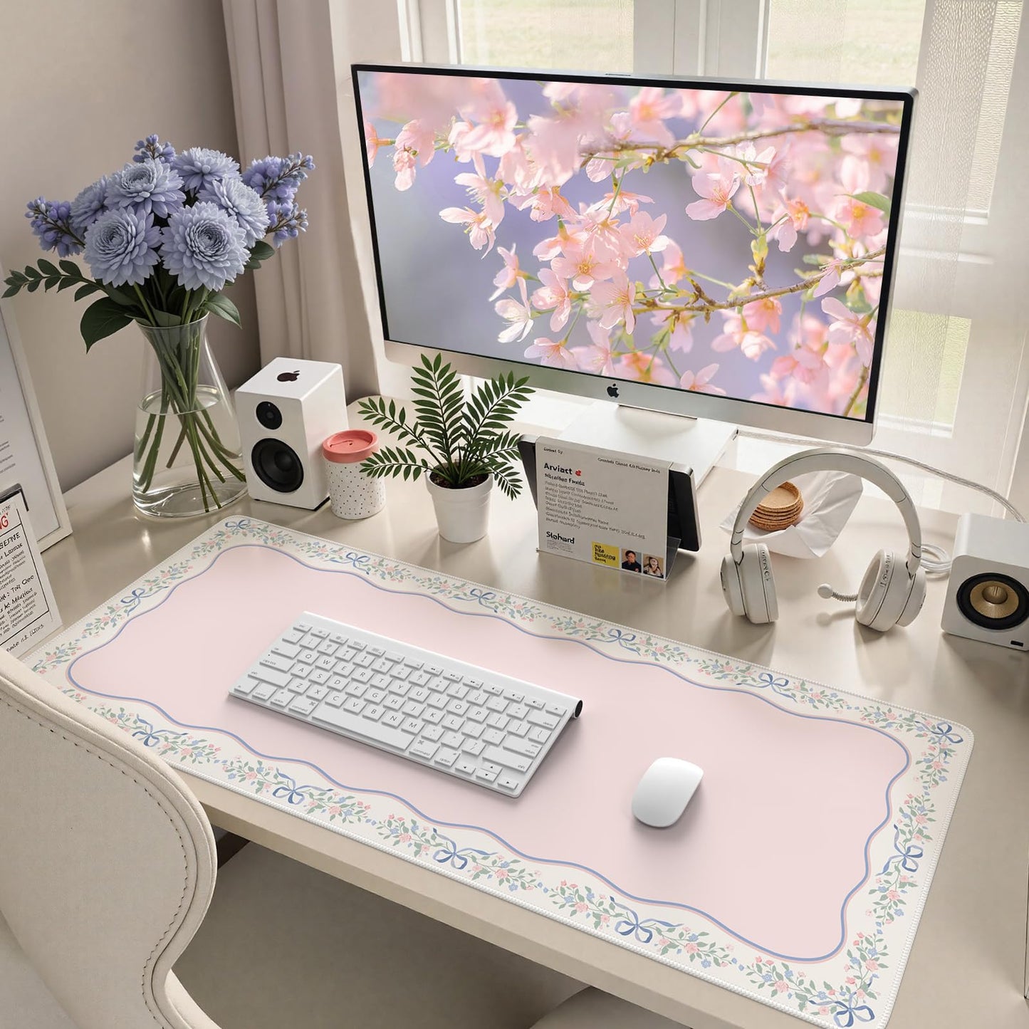 HAOCOO Girly Pink Desk Blotter, 35.4" x 15.7" Computer Mat for Vanity Decor
