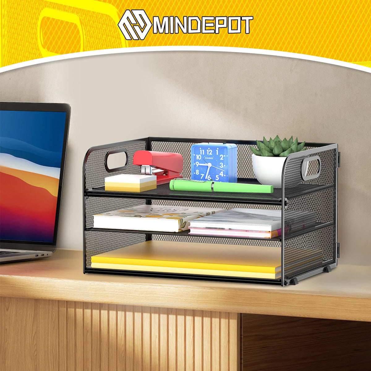 MINDEPOT 3 Tier Paper Organizer Tray with Handle, Mesh Letter Tray