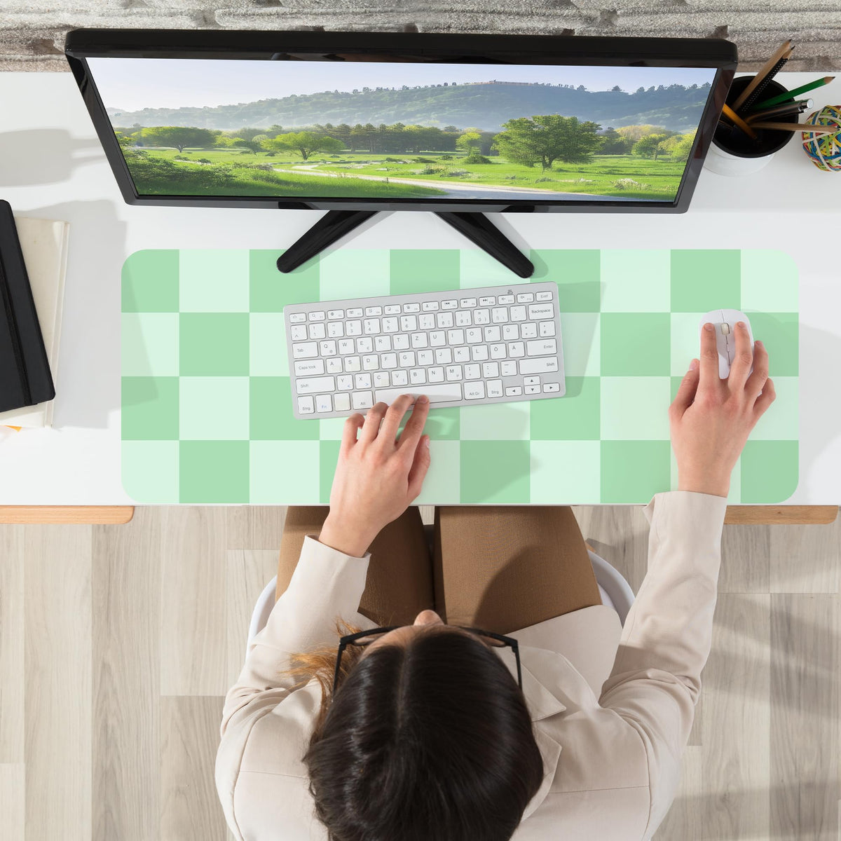 AFIING Sage Green Checkered Desk Mat 31.5" x 12", Waterproof Desk Pad