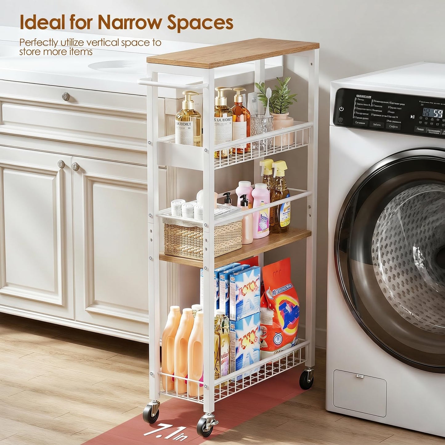 Kssiaz Slim Rolling Storage Cart, 4 Tier Narrow Storage Cart, 7.1in(W)