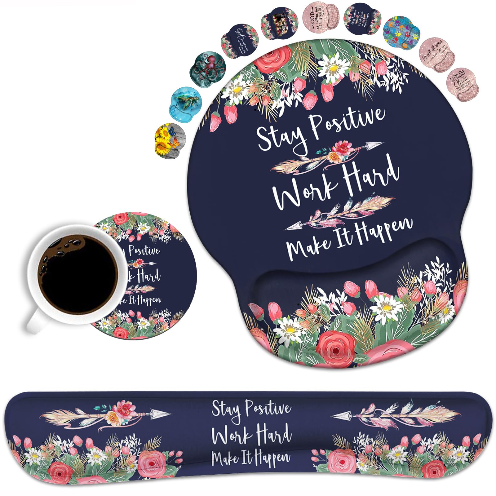 Keyboard Wrist Rest and Mouse Pad Wrist Support Set with Coasters, Inspirational Quote Stay