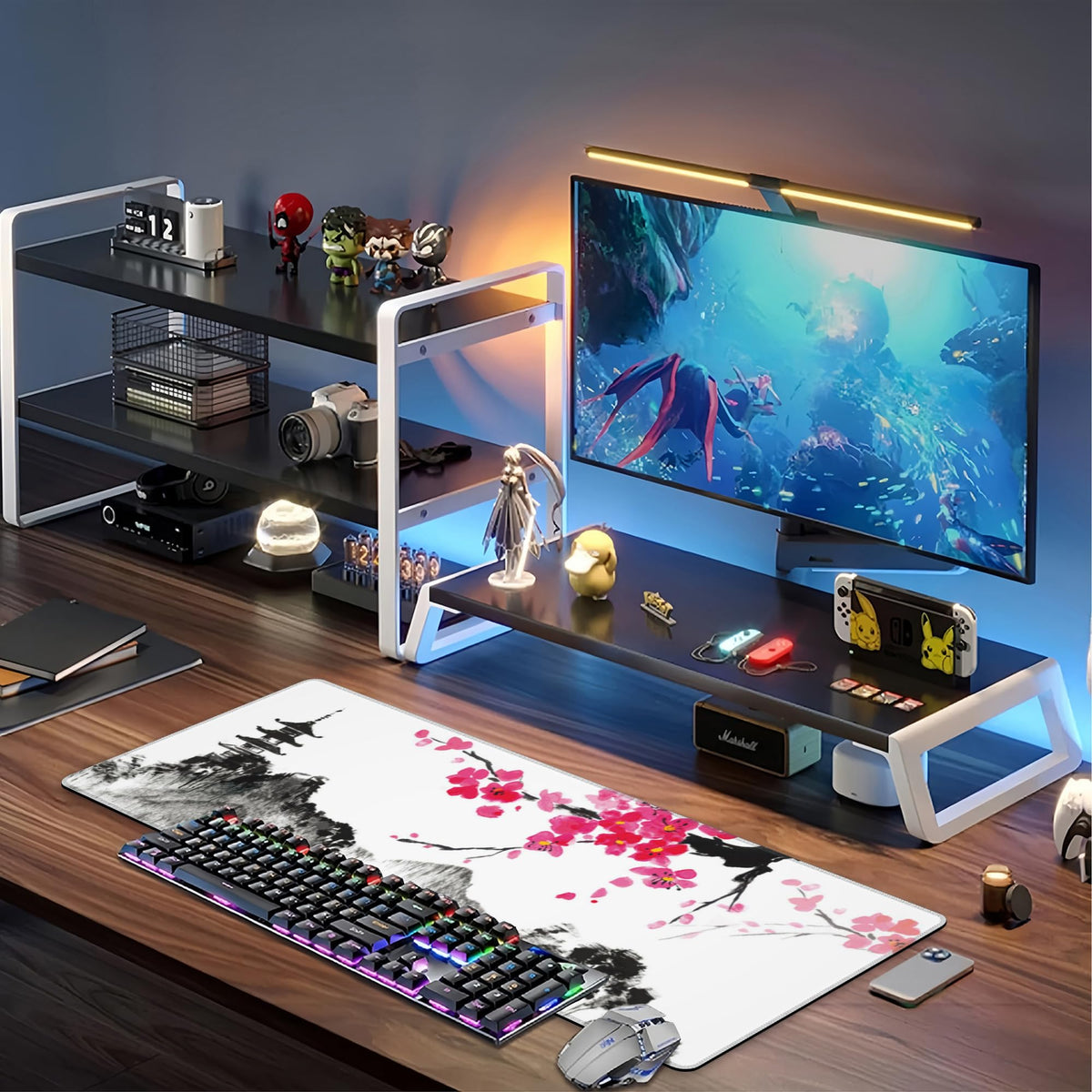 Chinese Ink Painting Desk Mat,Large Abstract Landscape Painting Gaming Keyboard Mouse Pad,Non-Slip