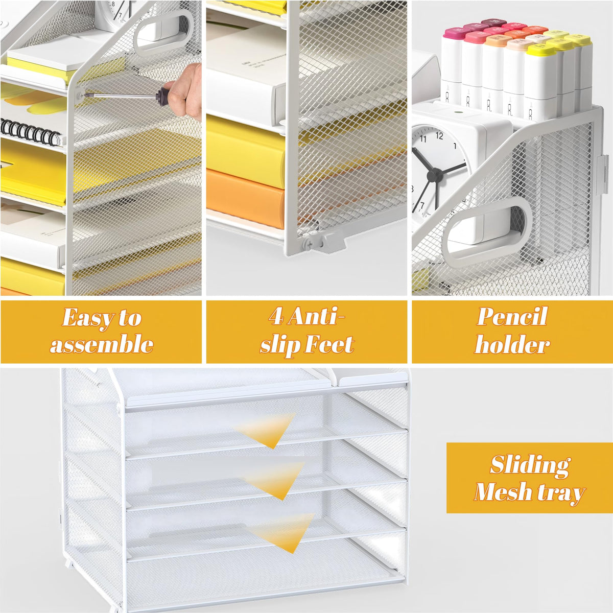 OrgMate 5 Tier Mesh Desk Organizer with Pen Holder and Handle Letter Tray