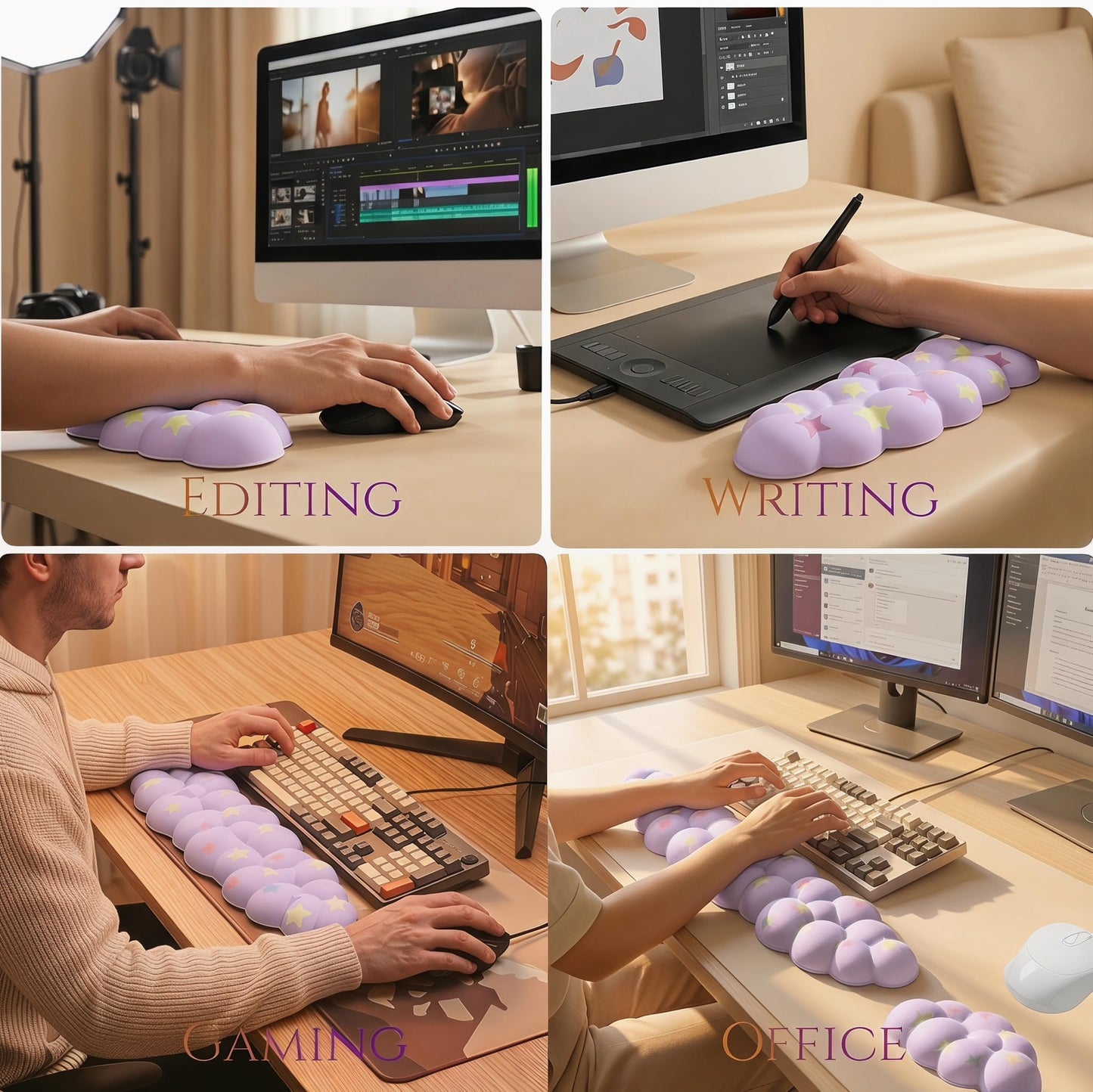 LJYZMD Cloud Wrist Rest Set for Keyboard & Mouse,Light Purple Colorful Star