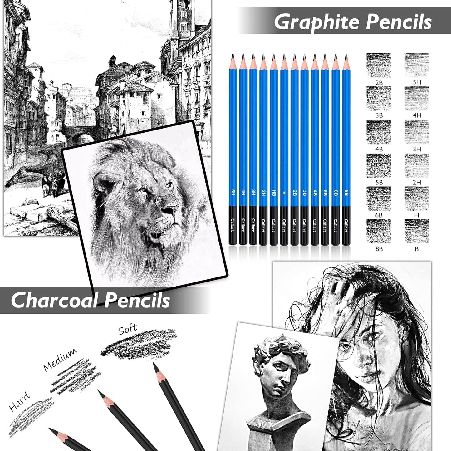 Caliart 176PCS Art Supplies Sketching Kit, 100 Sheets 3-Color Sketch Book