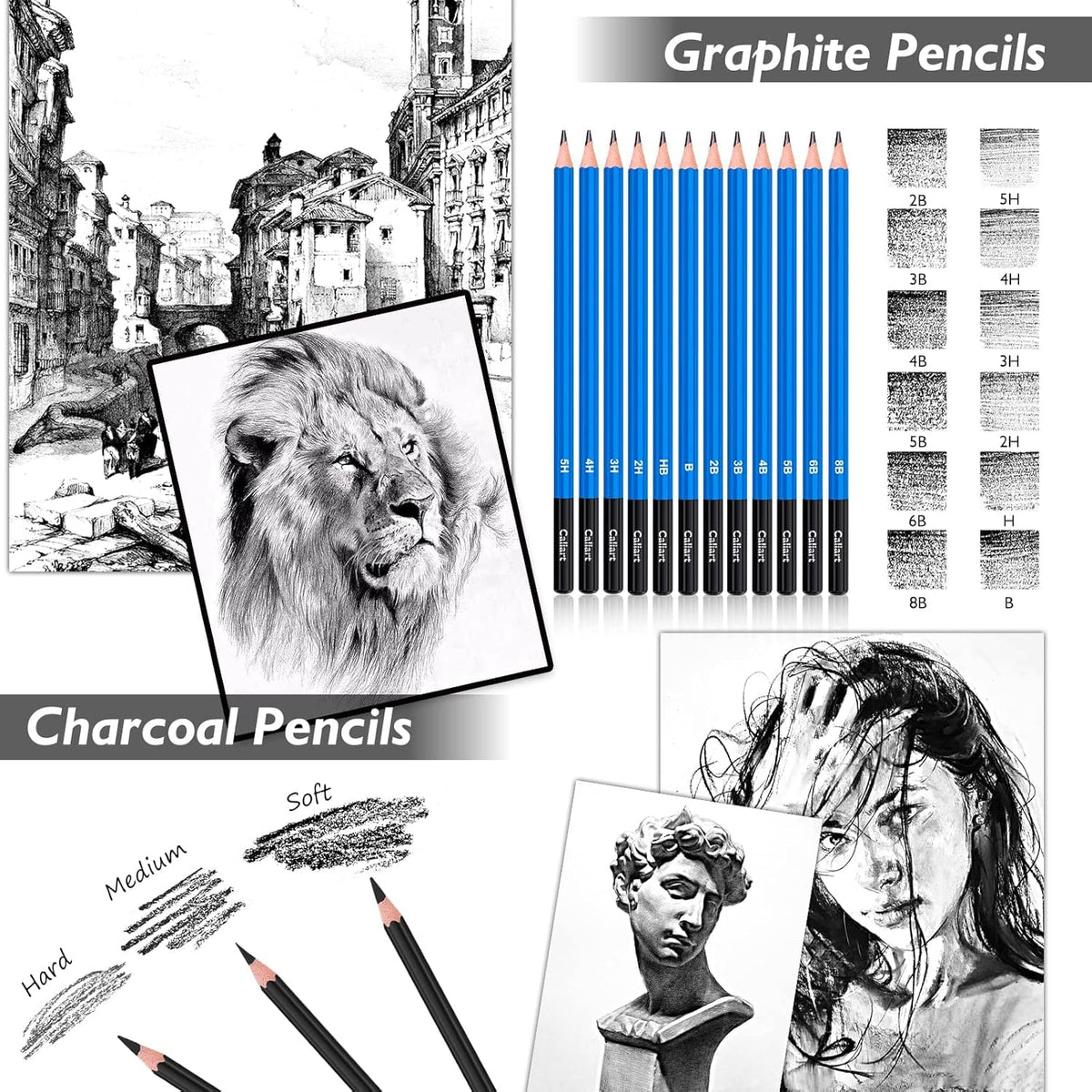 Caliart 176PCS Art Supplies Sketching Kit, 100 Sheets 3-Color Sketch Book