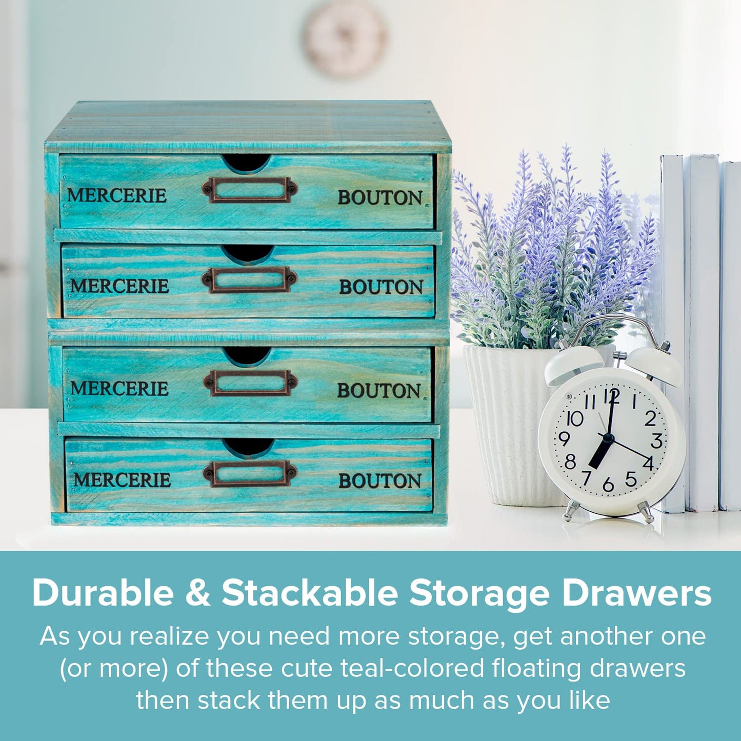 Turquoise 2-Tier Drawer Unit - European Country Style Desk Organizer Box - 9.7x7x5.1" Teal Wooden