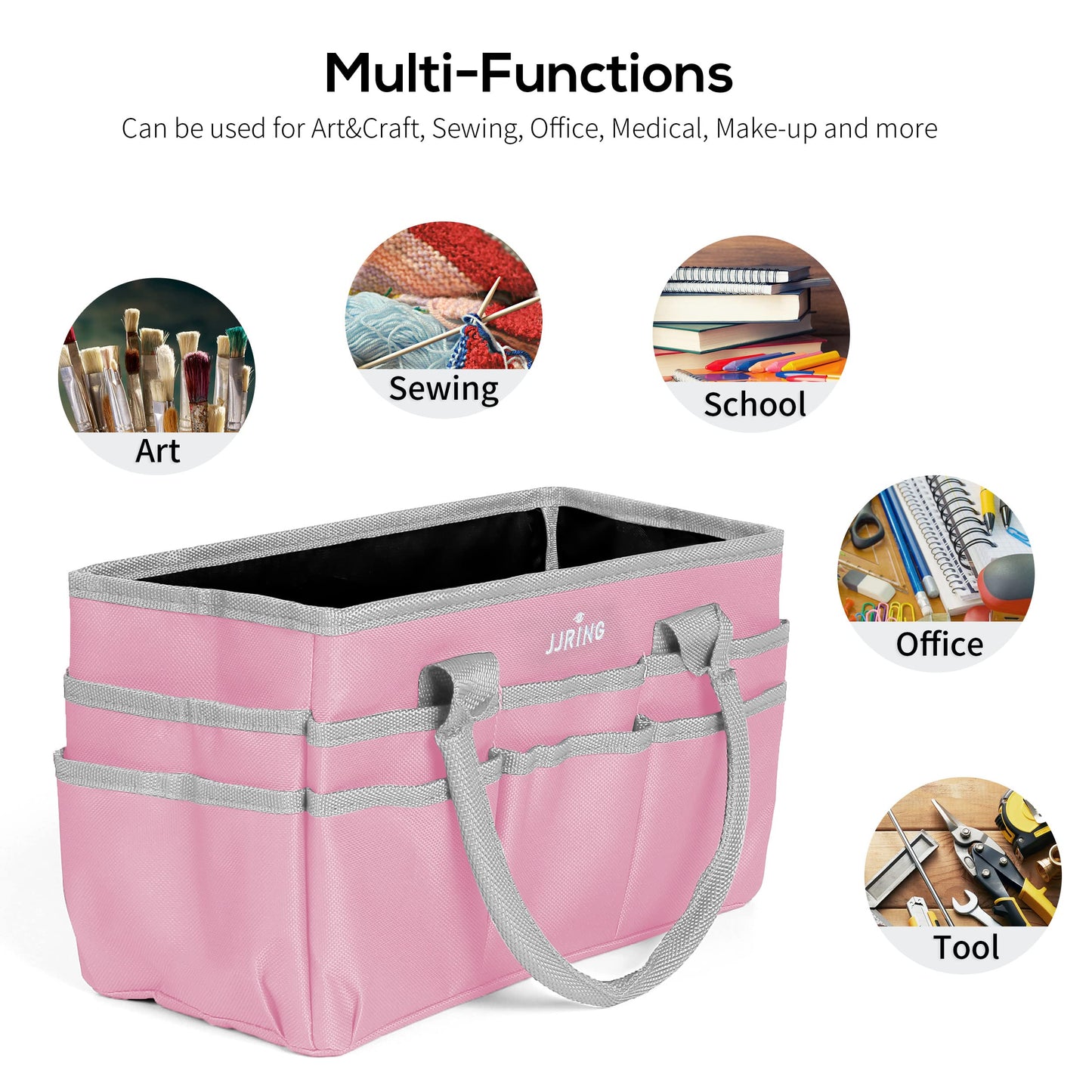 JJRING 600D Nylon Craft & Art Organizer Tote Bag With Pockets, Pink