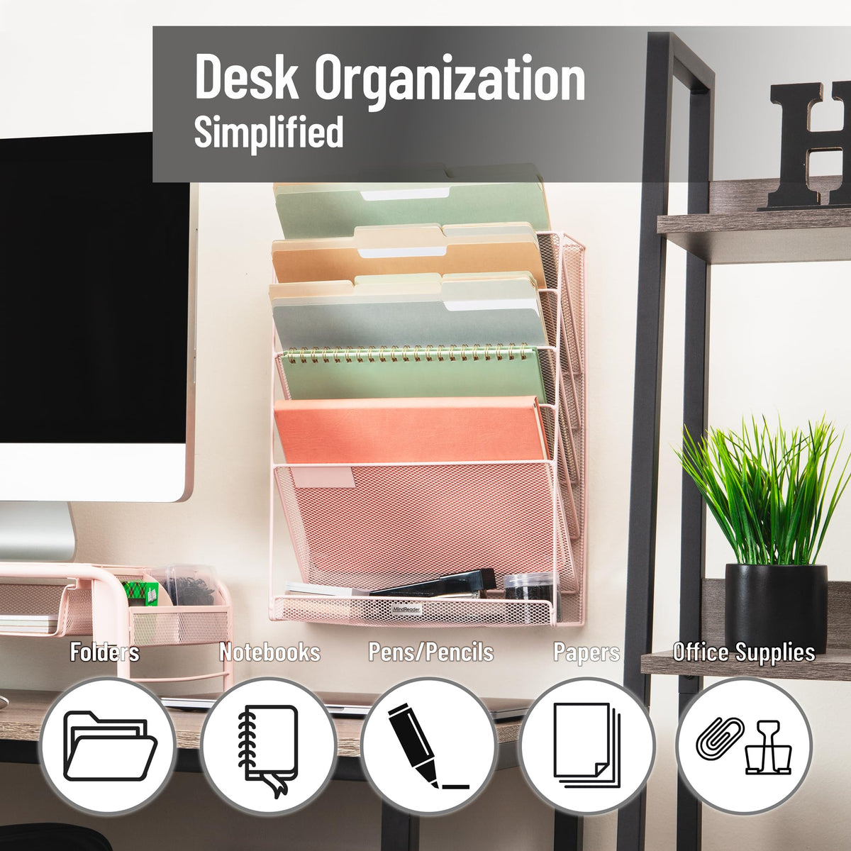 Mind Reader 5-Pocket Vertical File Storage, Desktop Organizer, Wall Mount, Office, Metal Mesh, Pink
