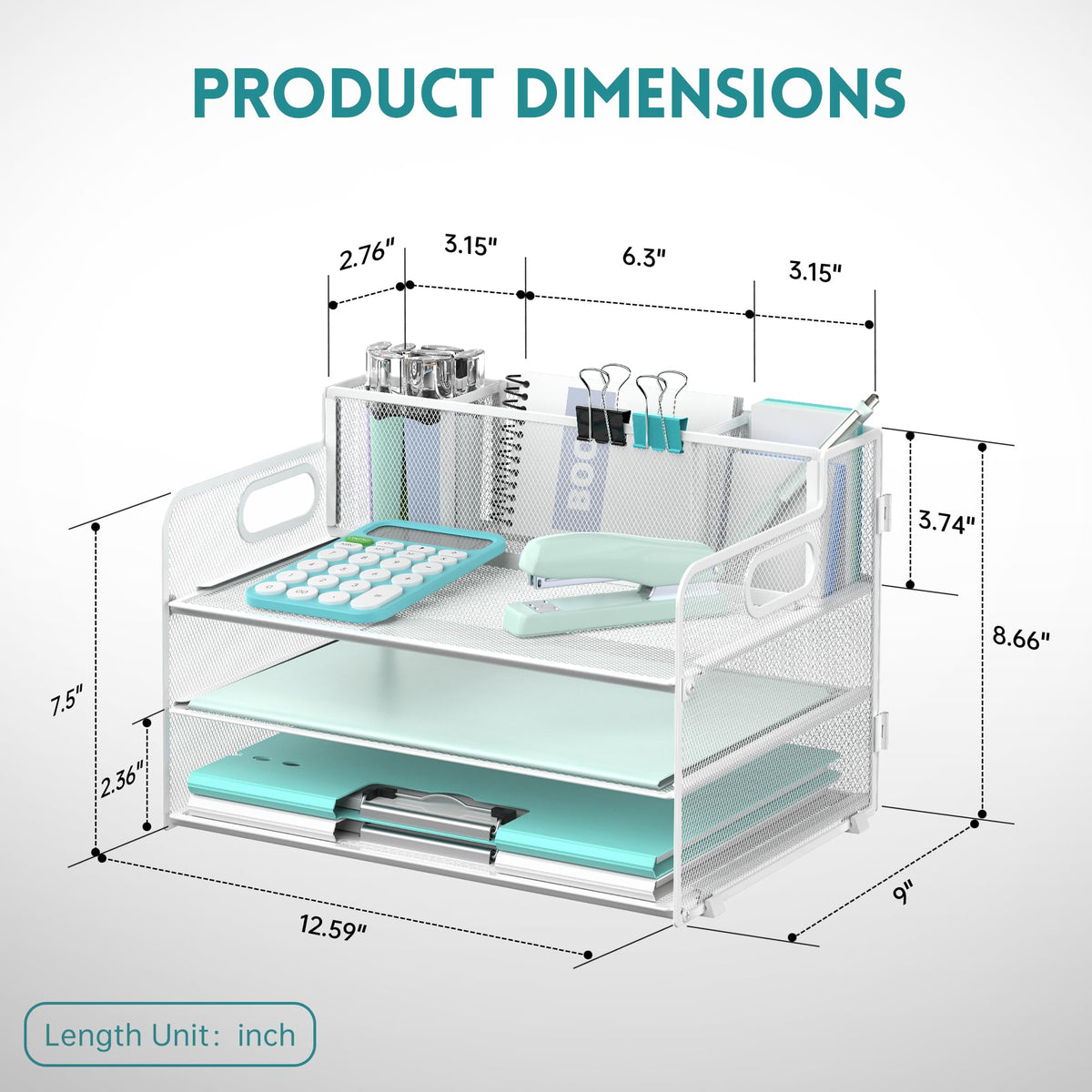 3-Tier Desk Organizer with Pen Holder and Handles, Paper Organizer, White
